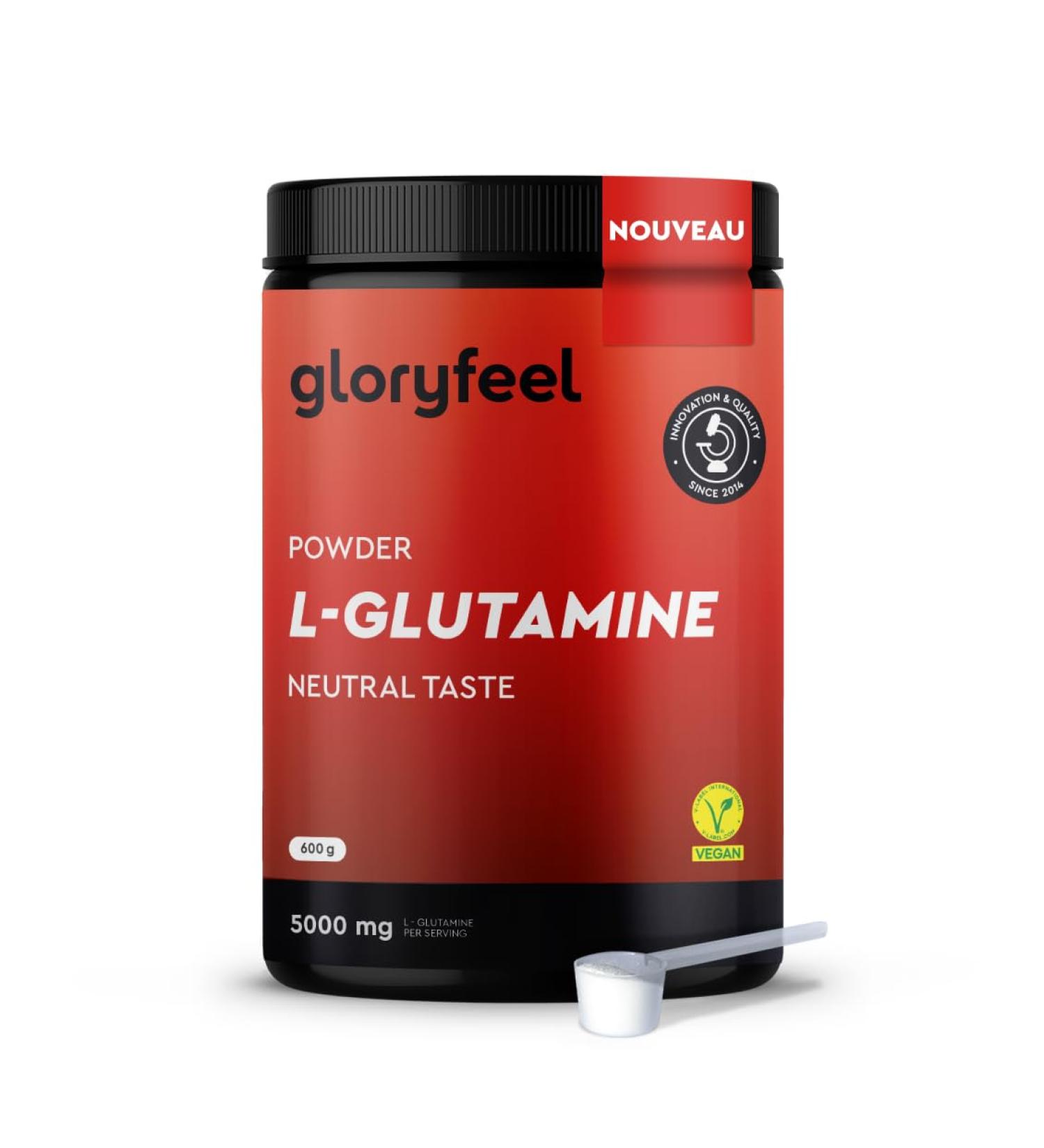 L-GLUTAMINE Powder 600 g 5000 mg High Dosed 100% Pure Bioactive Glutamine Essential Amino Acid Neutral Taste Vegan No Additives and Laboratory Tested Premium Quality gloryfeel - Buy Online on GoSupps.com