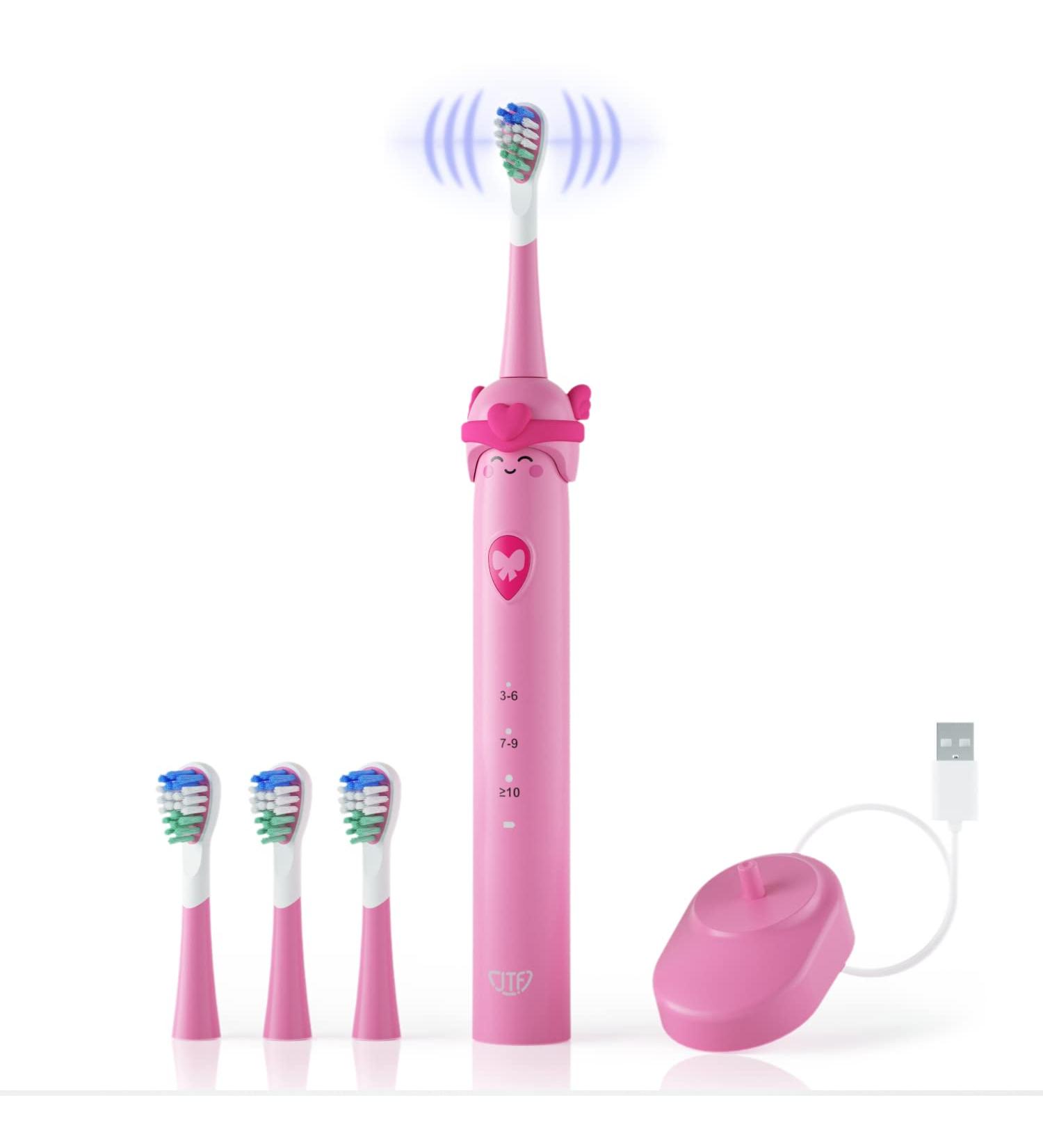 JTF Sonic Electric Toothbrush for Kids 3-12 | Rechargeable Pink Toothbrush with Smart Timer | 4 Kids Size Brush Heads Included - Buy Online on GoSupps.com