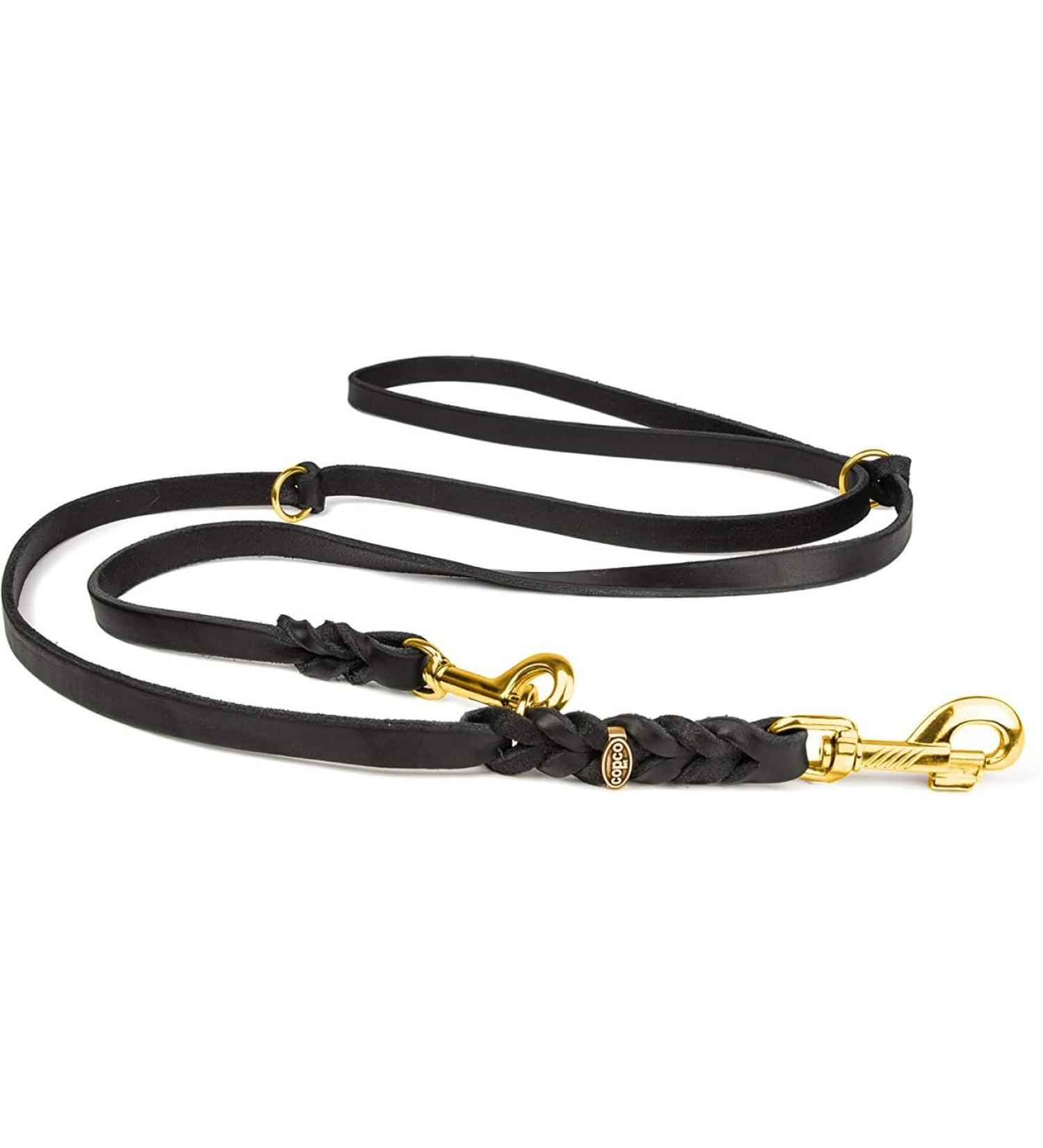 Copcopet 3-Way Adjustable Dog Leash - Soft Fat Leather Handmade in Germany 3m x 12mm Black with Brass Fittings - Buy Online on GoSupps.com