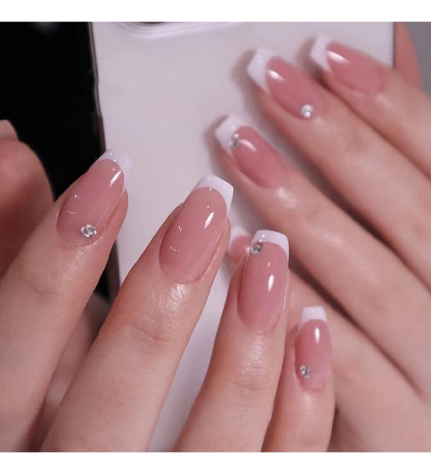 Justotry 24pcs Diamond Fake Nails Medium White French Press on Nails | Nude Ballerina Stick on Nails for Women | Acrylic Coffin False Nails with Glue for Nail Art - Buy Online on GoSupps.com