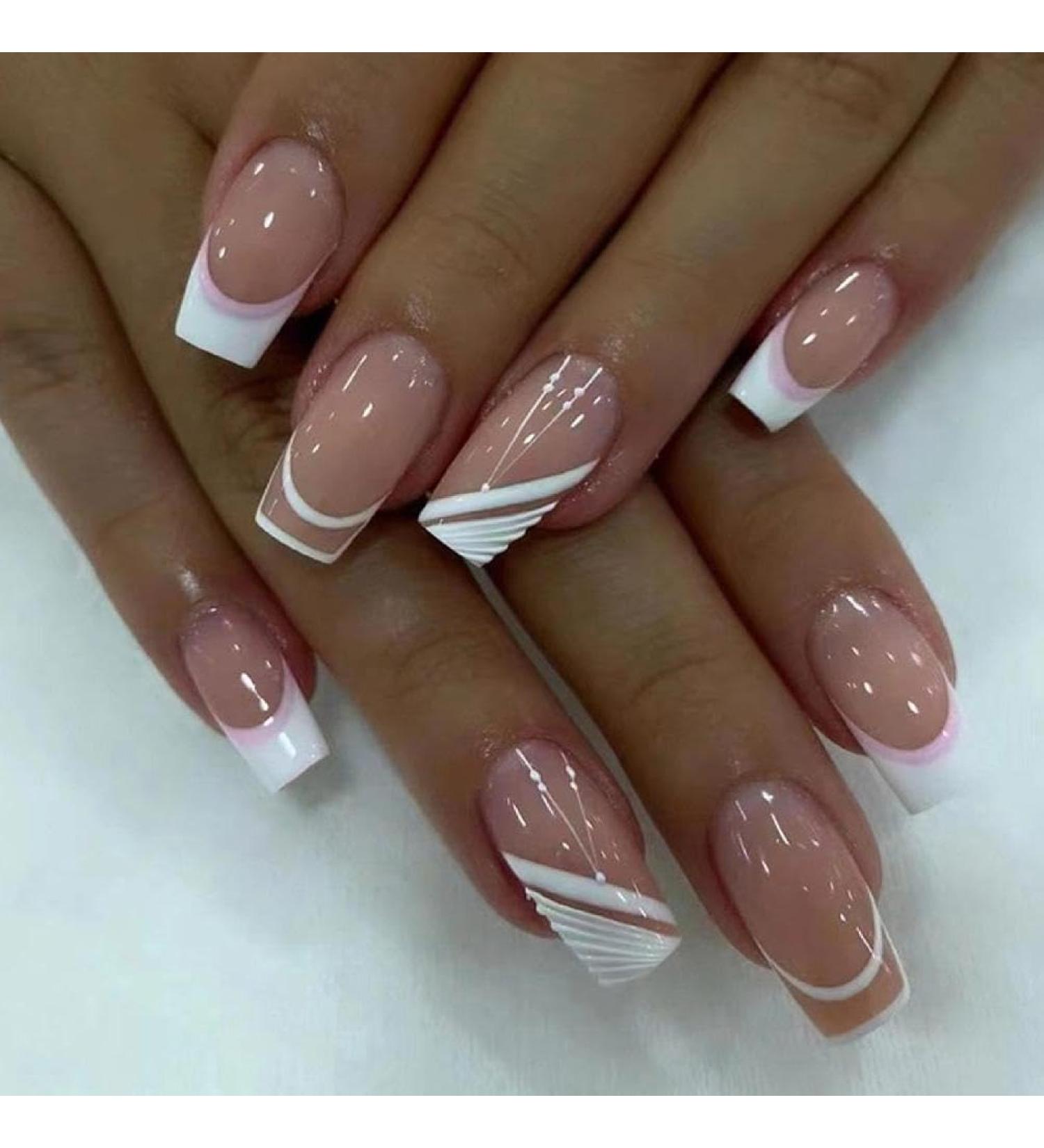24Pcs French Tip Press On Nails Long Square Fake Nails French Acrylic Nails White Nail Tip Artificial Nails for Women Long Press On Nails Acrylic Nails Glossy False Nails Women and Girls Nail - Buy Online on GoSupps.com