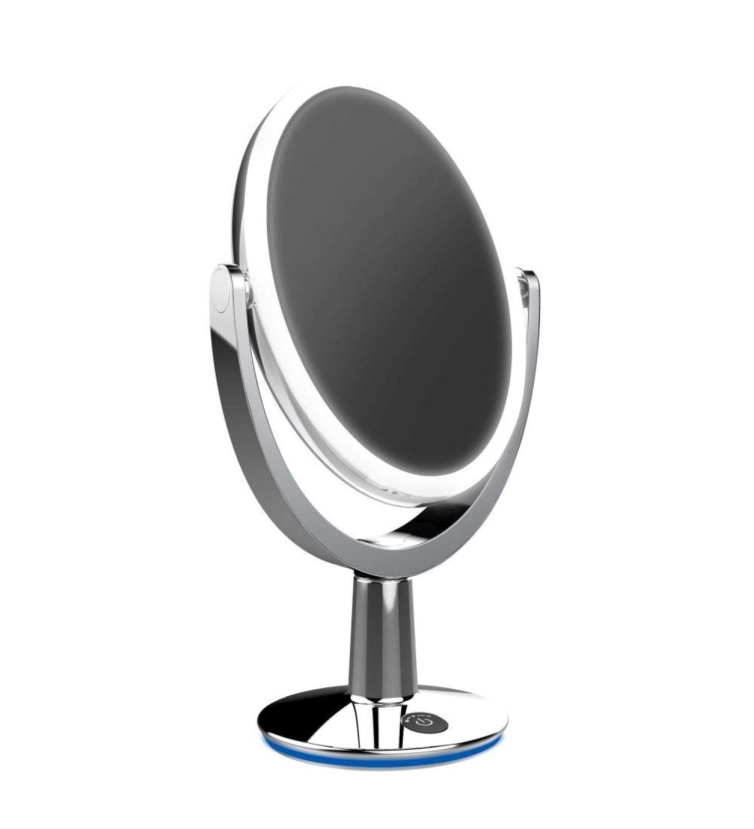FVLFIL Biomax Superstar Oval Dual-Sided Lighted Makeup Mirror - 1X/5X Magnification, 360 Rotation, Adjustable Brightness, Brushed Nickel - Buy Online on GoSupps.com