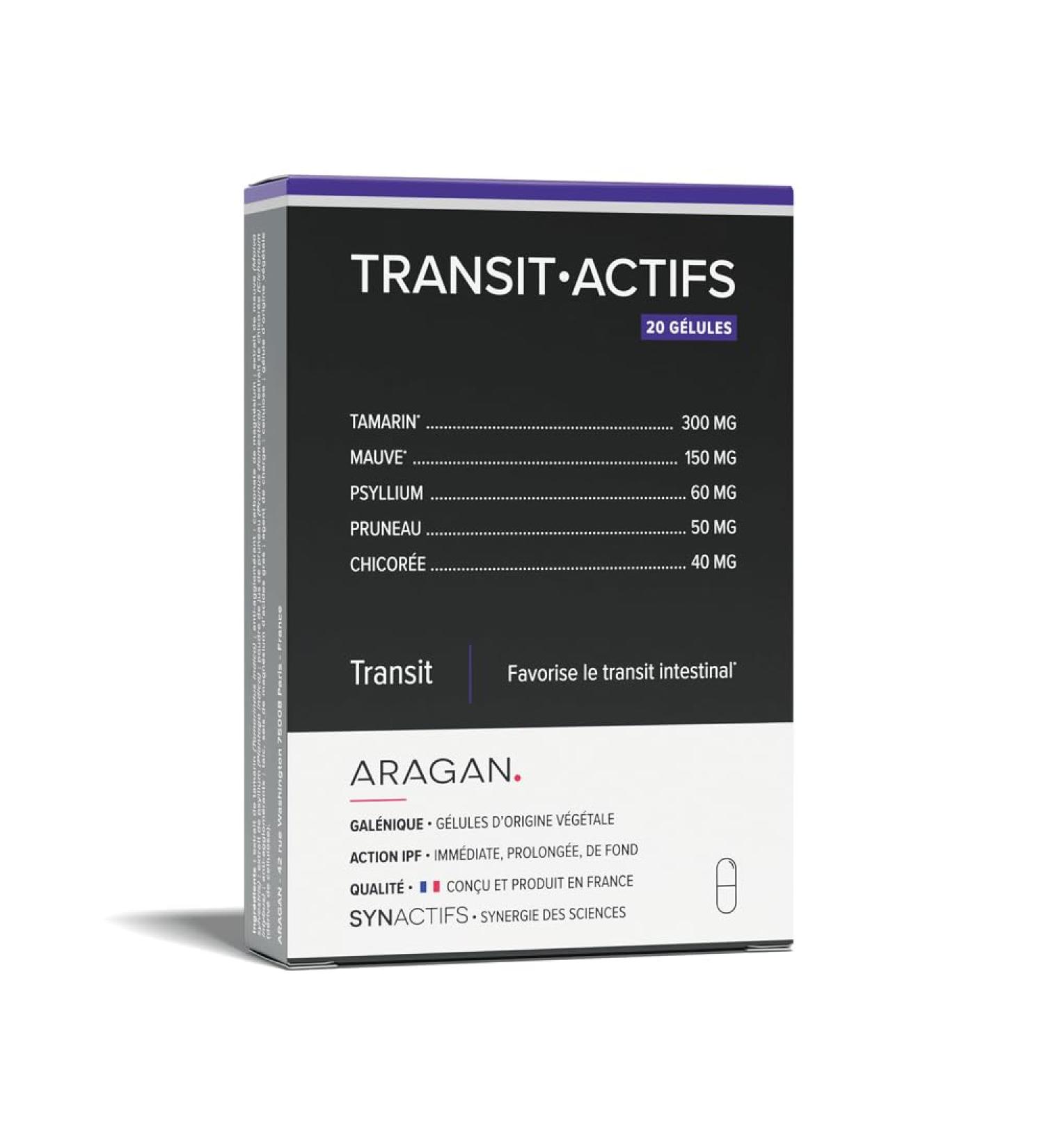 ARAGAN - Synactives - Transitactives - Intestinal Transit Food Supplement - Tamarind Purple Psyllium Prune Chicory - 20 capsules - 10 days taken - Made in France - Buy Online on GoSupps.com