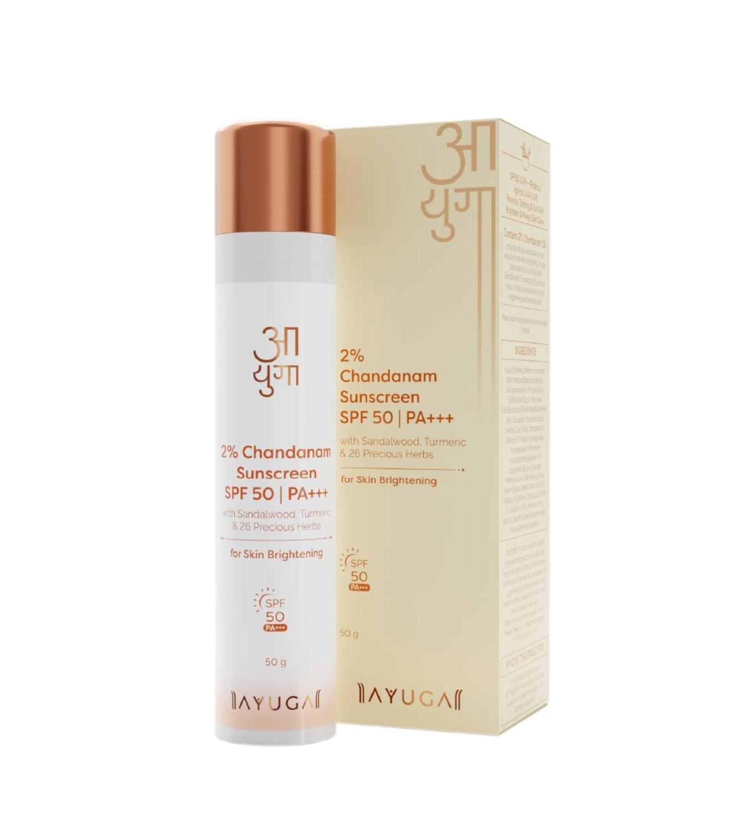 2% Chandanam Sunscreen SPF 50/PA+++ | Sandalwood Turmeric & 26 Herbs for UVA/B & Blue Light | No White Cast Skin Brightening Cream - 50g - Buy Online on GoSupps.com