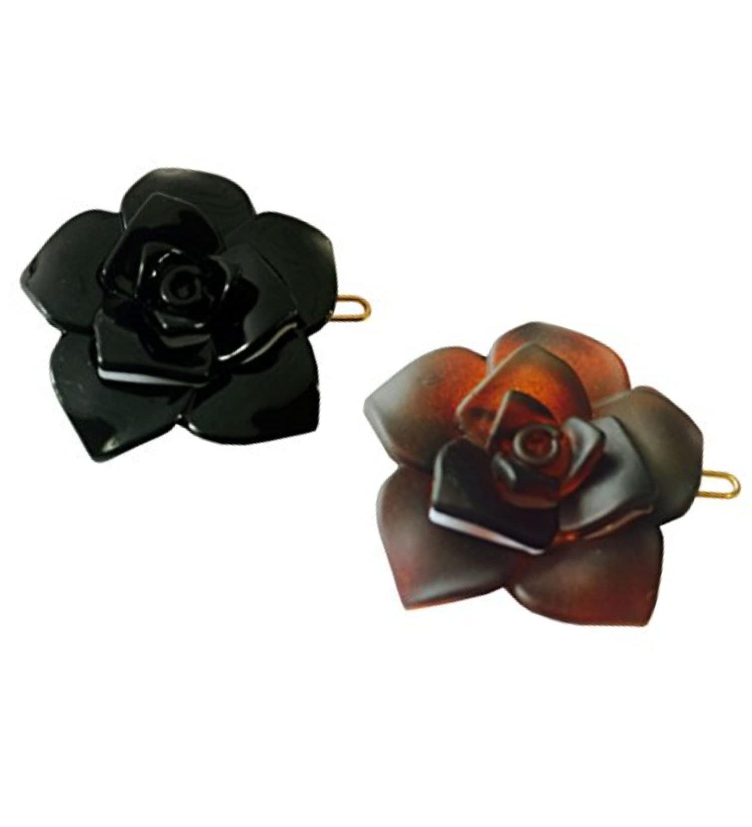 Parcelona French Flower Small Celluloid Acetate Barrettes Set of 2 - Fine Hair Women Hair Accessories - Made in France (Tortoise Shell/Black) - Buy Online on GoSupps.com