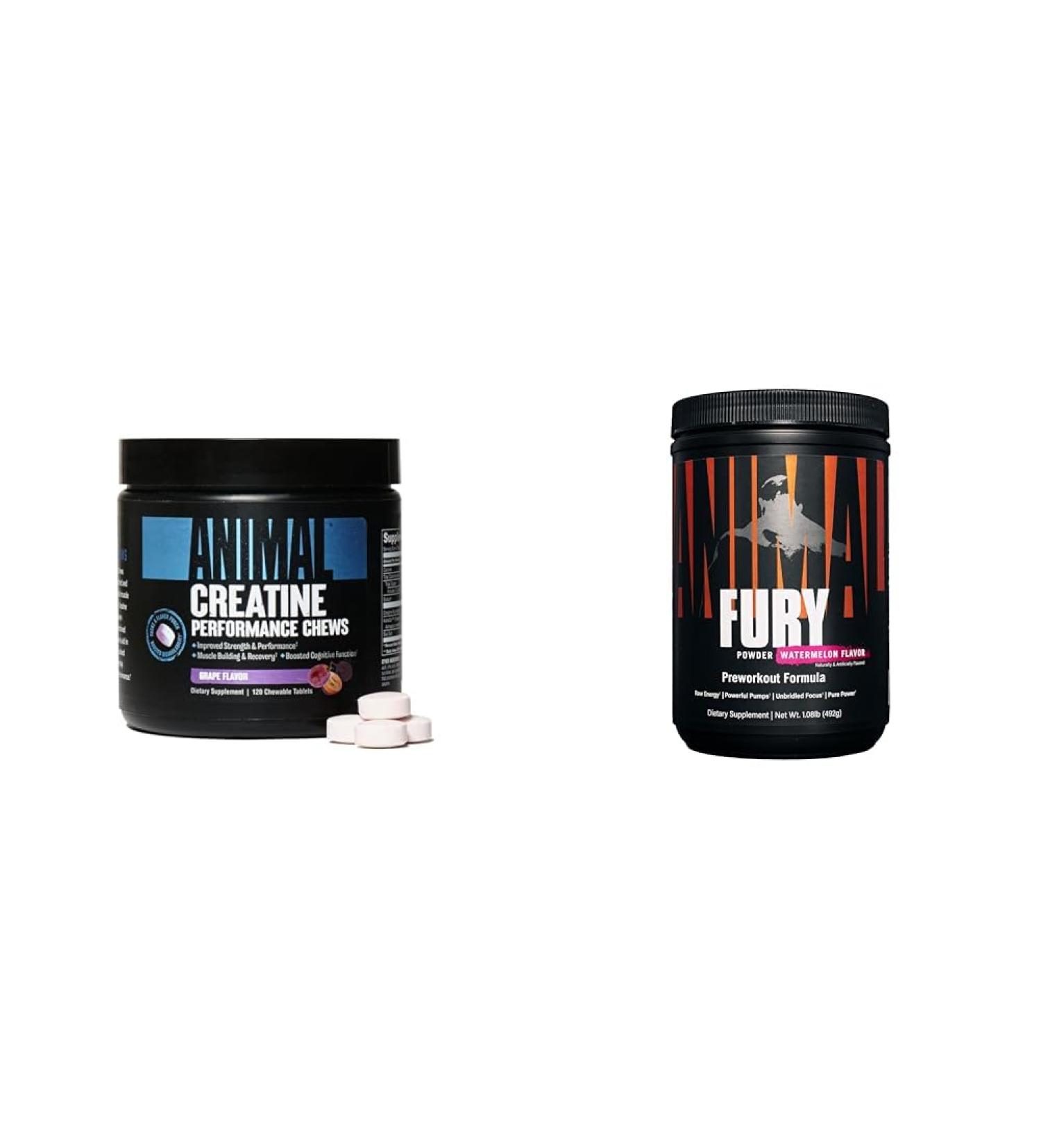 Animal Creatine Chews Tablets - Enhanced Creatine Monohydrate with AstraGin to Improve Absorption & Fury Pre Workout Powder Supplement for Energy and Focus 5g Grape + Supplement 120 Count (Pack of 1) - Buy Online on GoSupps.com
