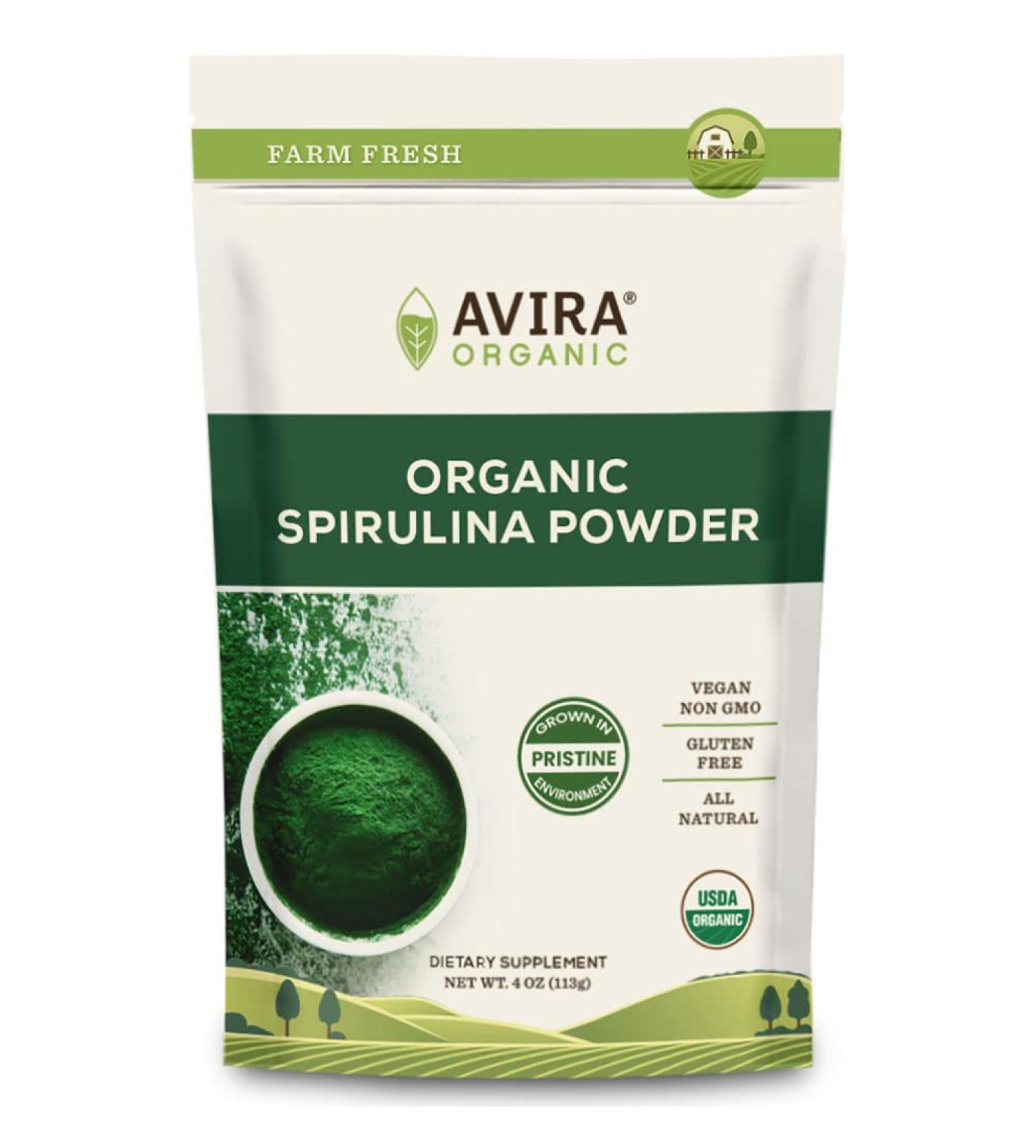 Avira Organic Spirulina Powder - 4 Oz Green Superfood for Smoothies, Juices - Vegan, Non-GMO, Resealable Bag - Buy Online on GoSupps.com