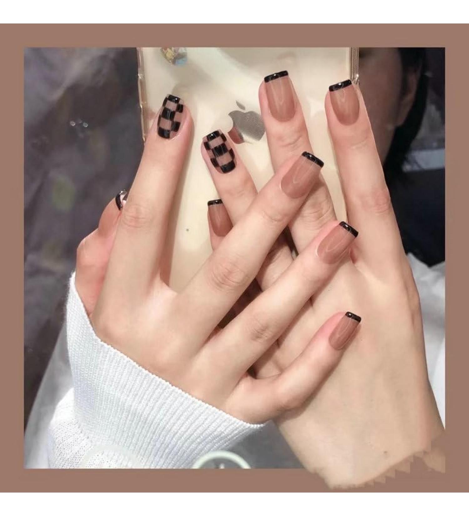 French Tip Press on Nails - Short Square Press On Nails with Nail Tips Checkerboard French Black Edge Design Naked color press on nails Acrylic False Nails Cute Artificial Nails - Buy Online on GoSupps.com