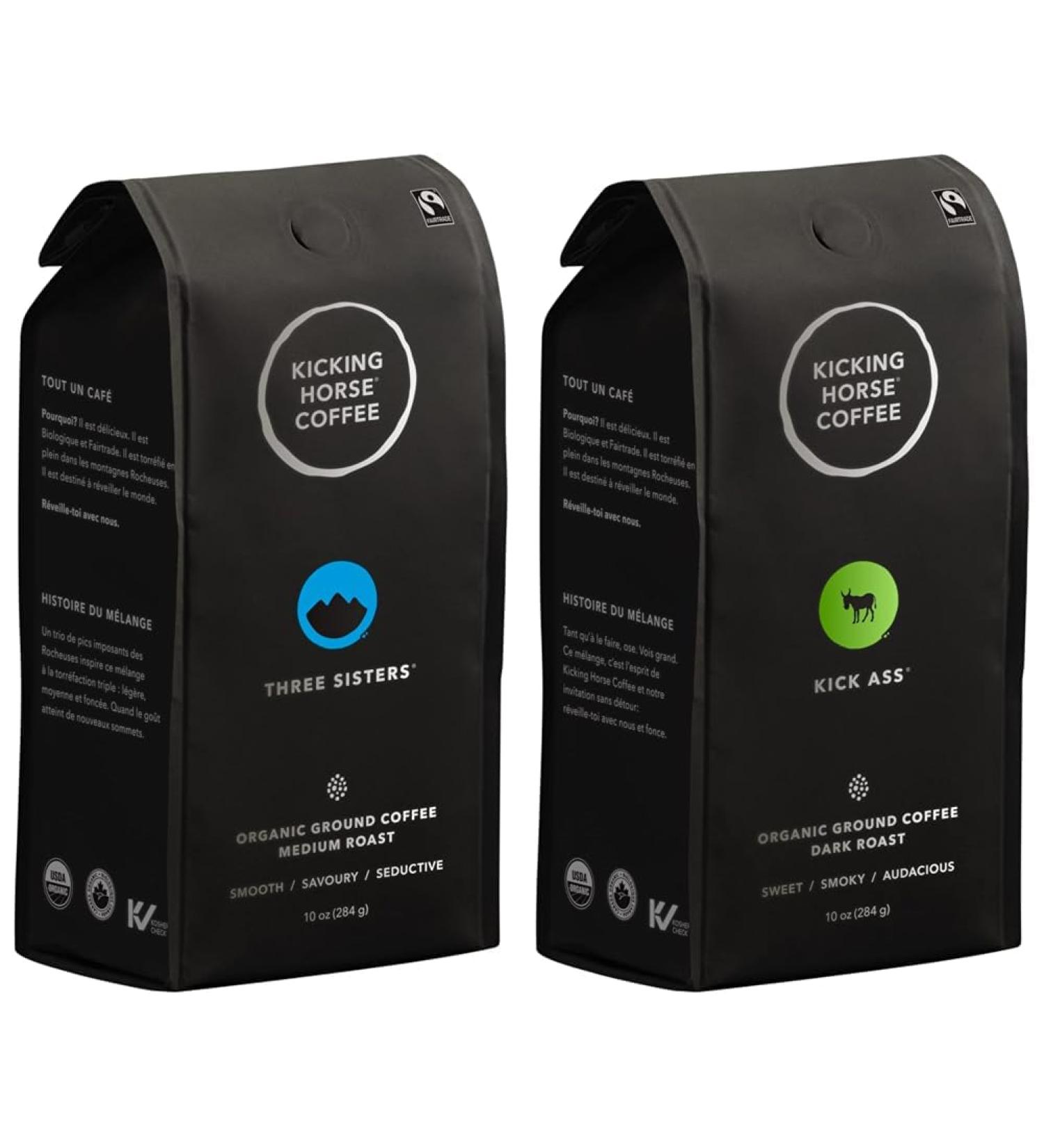 Kicking Horse Coffee - Three Sisters Blend Ground 100% Arabica Coffee Medium Roast All Organic & Fairtrade 284 g & Kick Ass Blend Ground 100% Arabica Coffee Three Sisters + Kick Ass 284.00 g (Pack of 1) - Buy Online on GoSupps.com