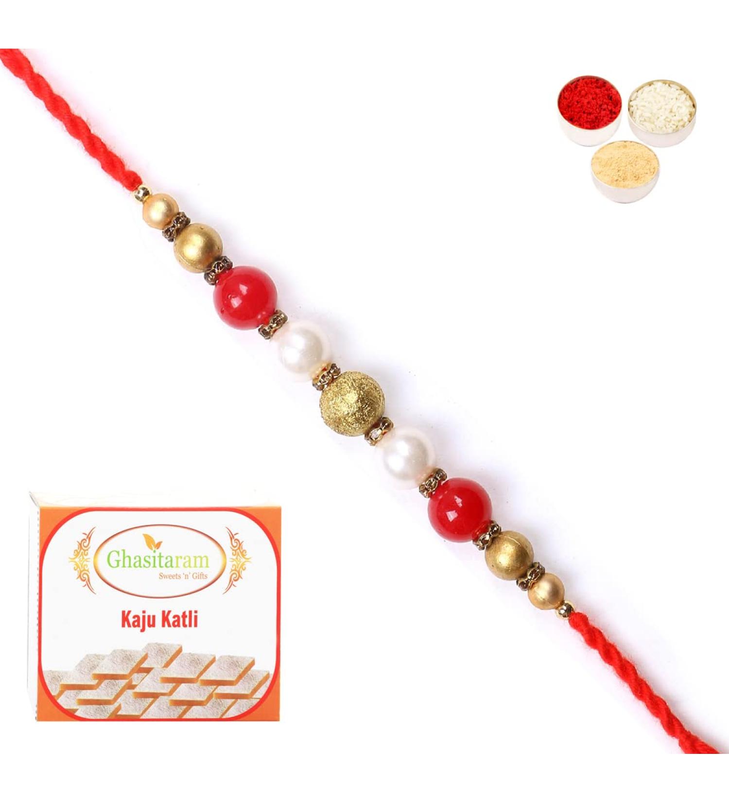 Ghasitaram Gifts Rakhi for Brother Rakhis Online -7615 Pearl Rakhi for My Brother with 200 GMS of Kaju katli Rakhi with 200 gms of Kaju katli - Buy Online on GoSupps.com