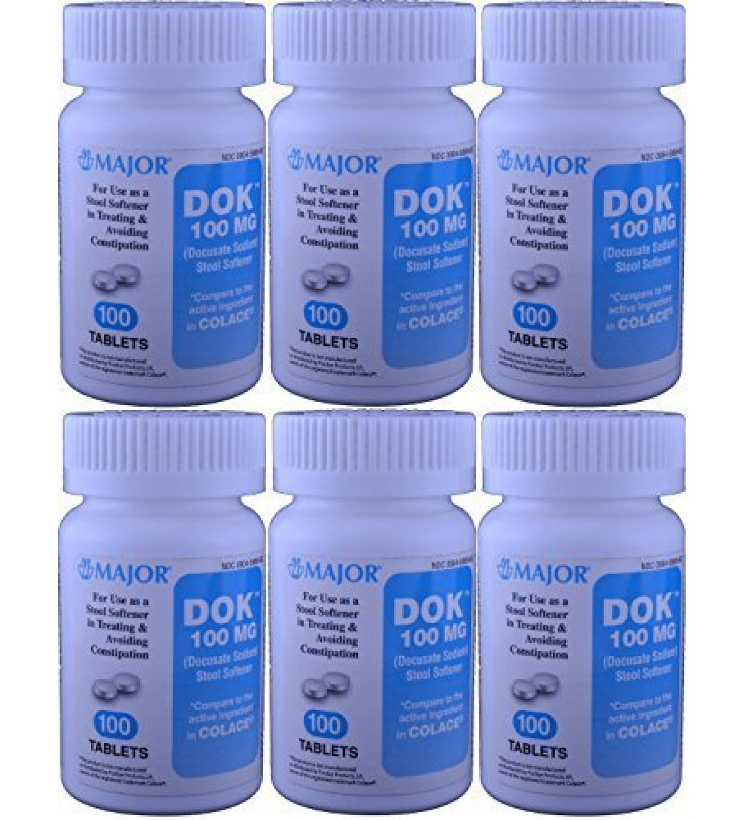Docucate Sodium 100 mg Crushable Tablets for Gentle Reliable Relief from Occasional Constipation Generic for Colace Crushable 100 Tablets per Bottle Pack of 6 Bottles Total 600 Tablets