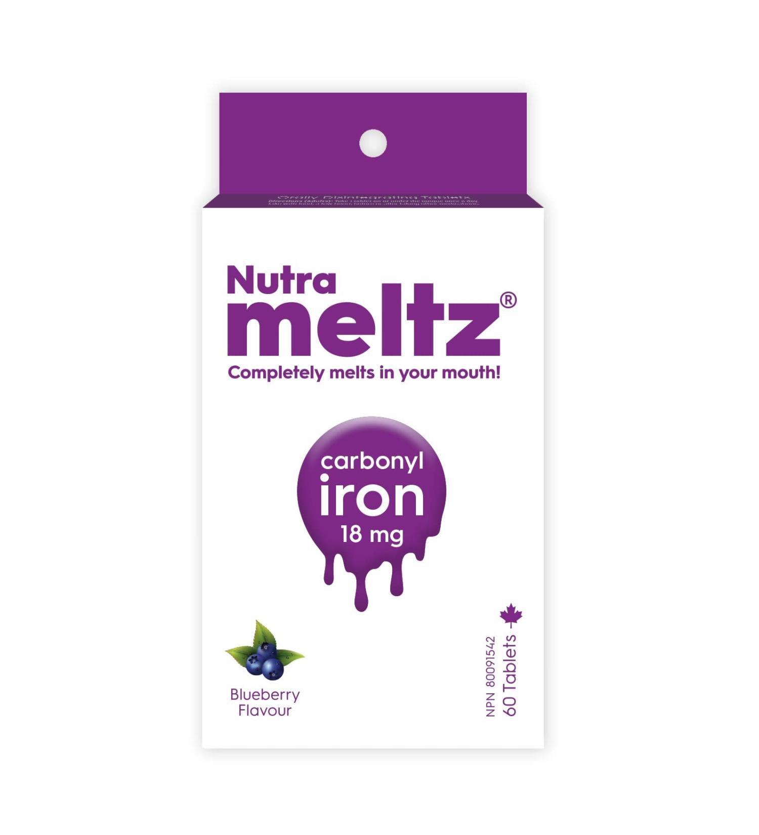 Nutrameltz - Carbonyl Iron Supplement for Women 18mg 60 Tablets - Energy Boost Immunity Boost Detoxing and Focus Supplement - Iron Supplement for Pregnancy - Great Taste Blueberry Flavour - Buy Online on GoSupps.com