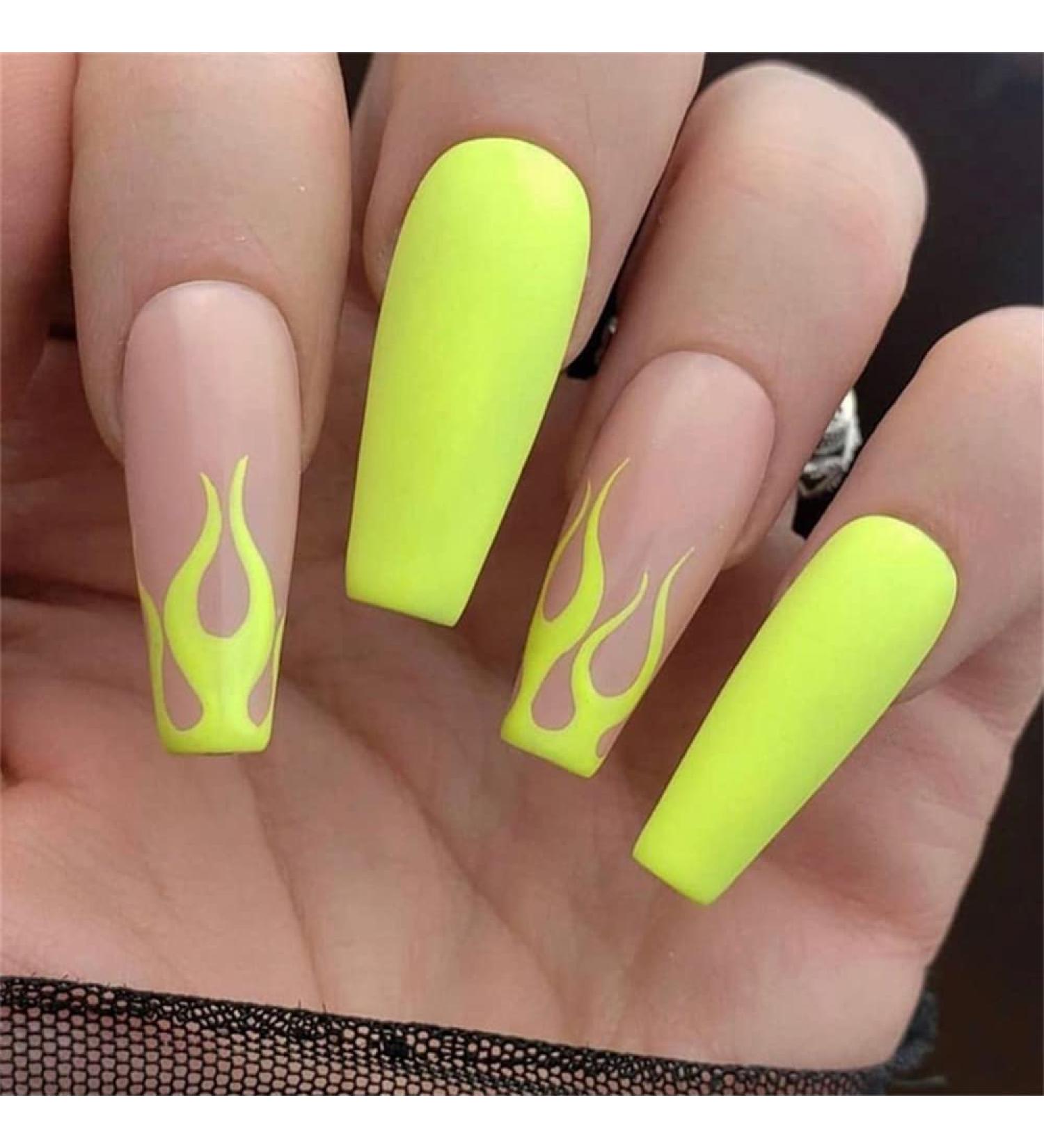 French Long Fake Nails - 24 PCS Stick on Nails for Women and Girls - Fluorescent Yellow Party Nails - Buy Online on GoSupps.com