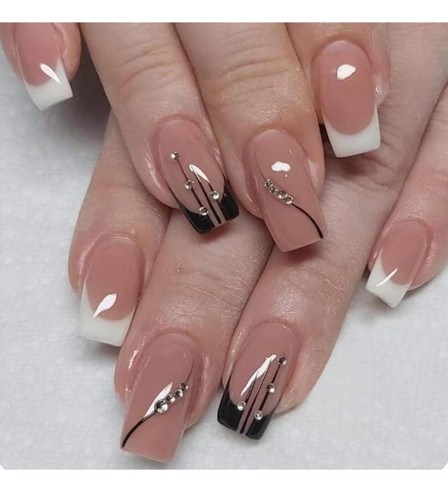 French Press on Nails - Mid length Square Press On Nails with Nail Tips Black and white edges Glitter Rhinestones Design Coral color Glossy press on nails Acrylic False Nails Cute Artificial Nails - Buy Online on GoSupps.com