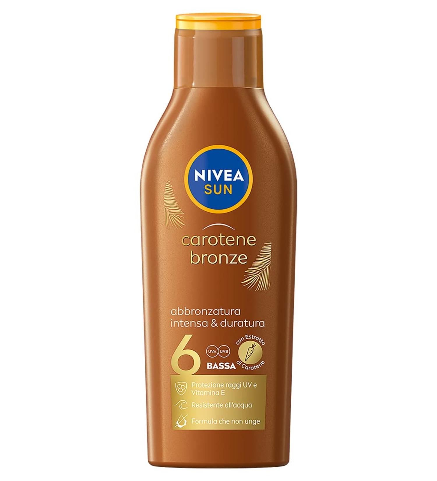 NIVEA SUN Carotene Bronze Sun Milk SPF 6 200 ml, Bronzing Sunscreen with Protection for Golden Skin, Tanning Cream Enriched with Carotene and Vitamin E