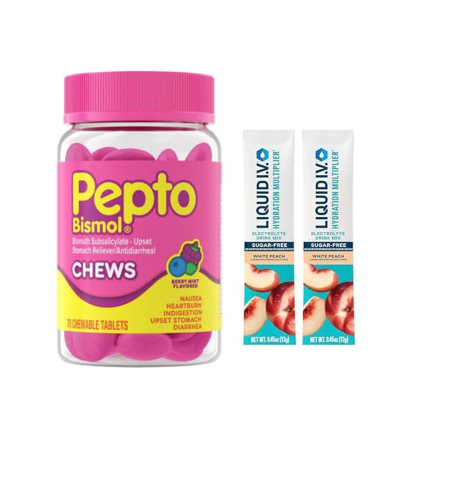 Pepto Bismol- Bismuth Subsalicylate- Upset Stomach Reliever & Antidiarrheal Chews- Berry Mint Flavored 70 Chewable Tablets Bonus 2 Sugar-Free White Peach Hydration Stick