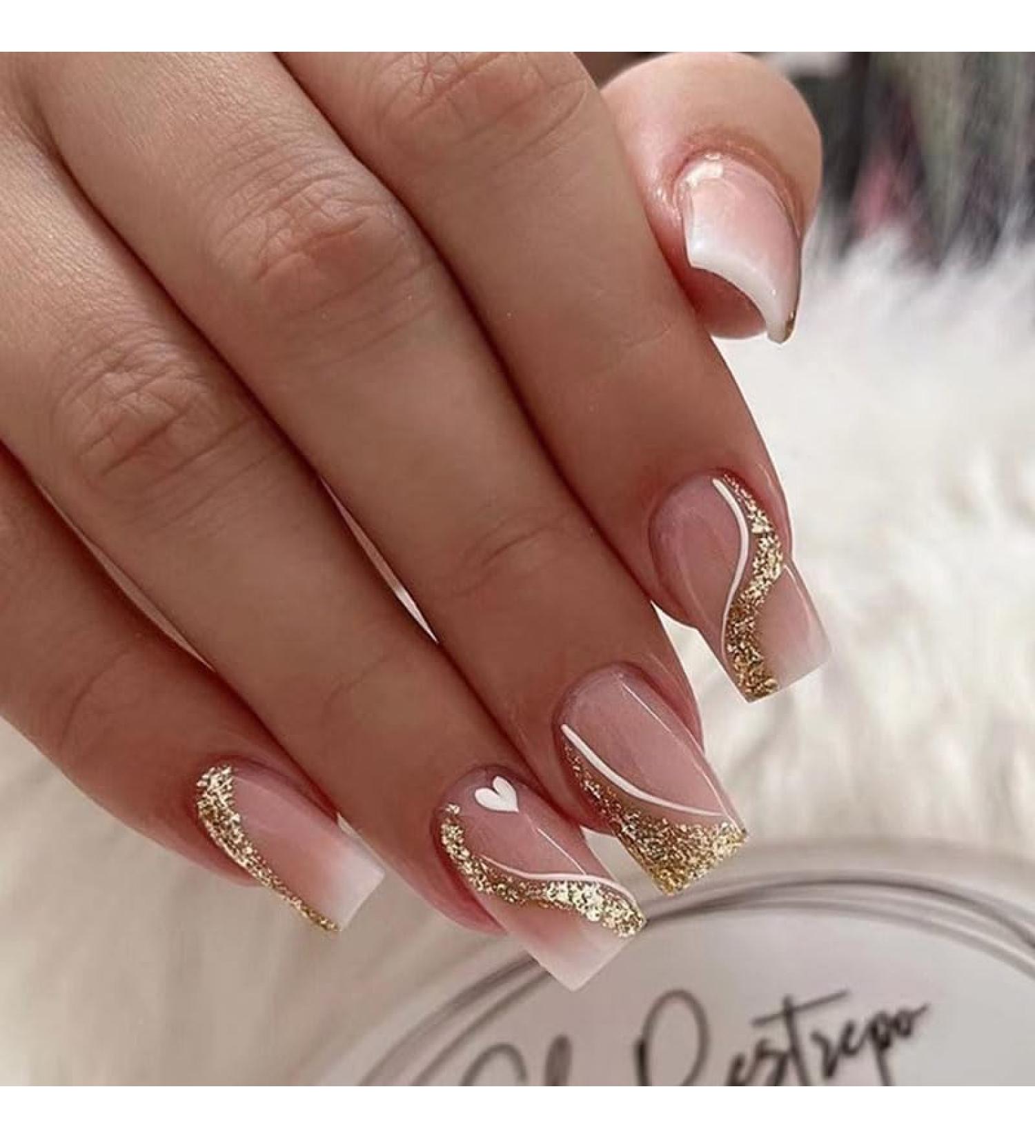 Ombre Nude White Press On Nails - Medium Square Glitter Swirl Design | 24 Pcs Fake Acrylic Nails for Women & Girls - Perfect for Daily Wear & Weddings - Buy Online on GoSupps.com