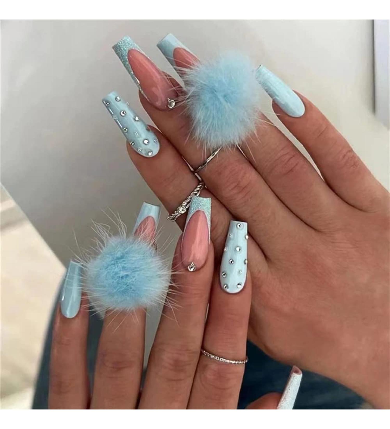 HJKOGH Autumn Winter New Fake Nails Press On Nails Cute Blue Hairball Long Ballerina False Nails with Designs French Coffin Nail Tips - Buy Online on GoSupps.com