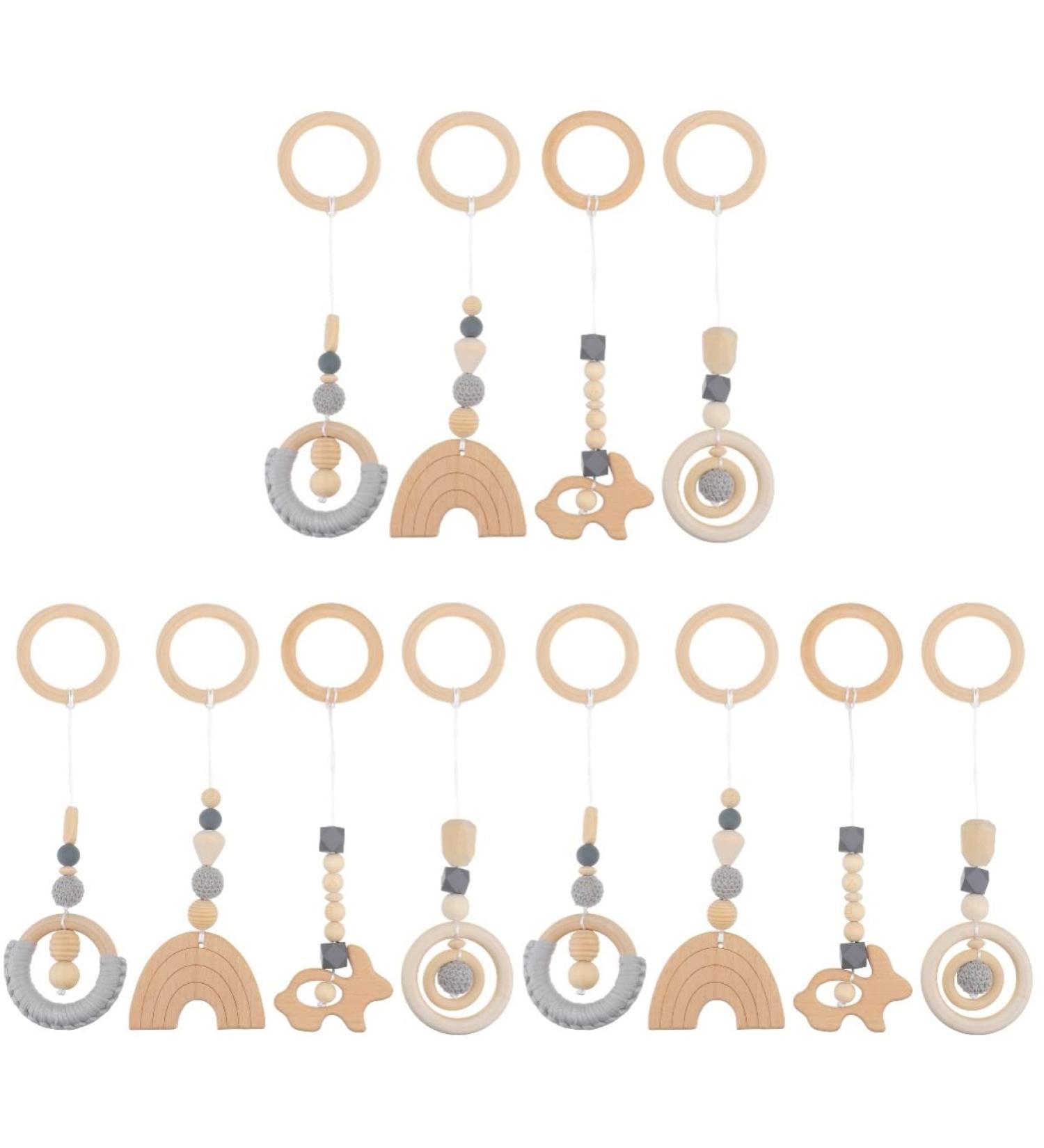 ABOOFAN 12 Pcs Baby Gym Wooden Teething Toys Set - Grey Wood Rings - 28x8cm - Baby Wood Toys - Buy Online on GoSupps.com