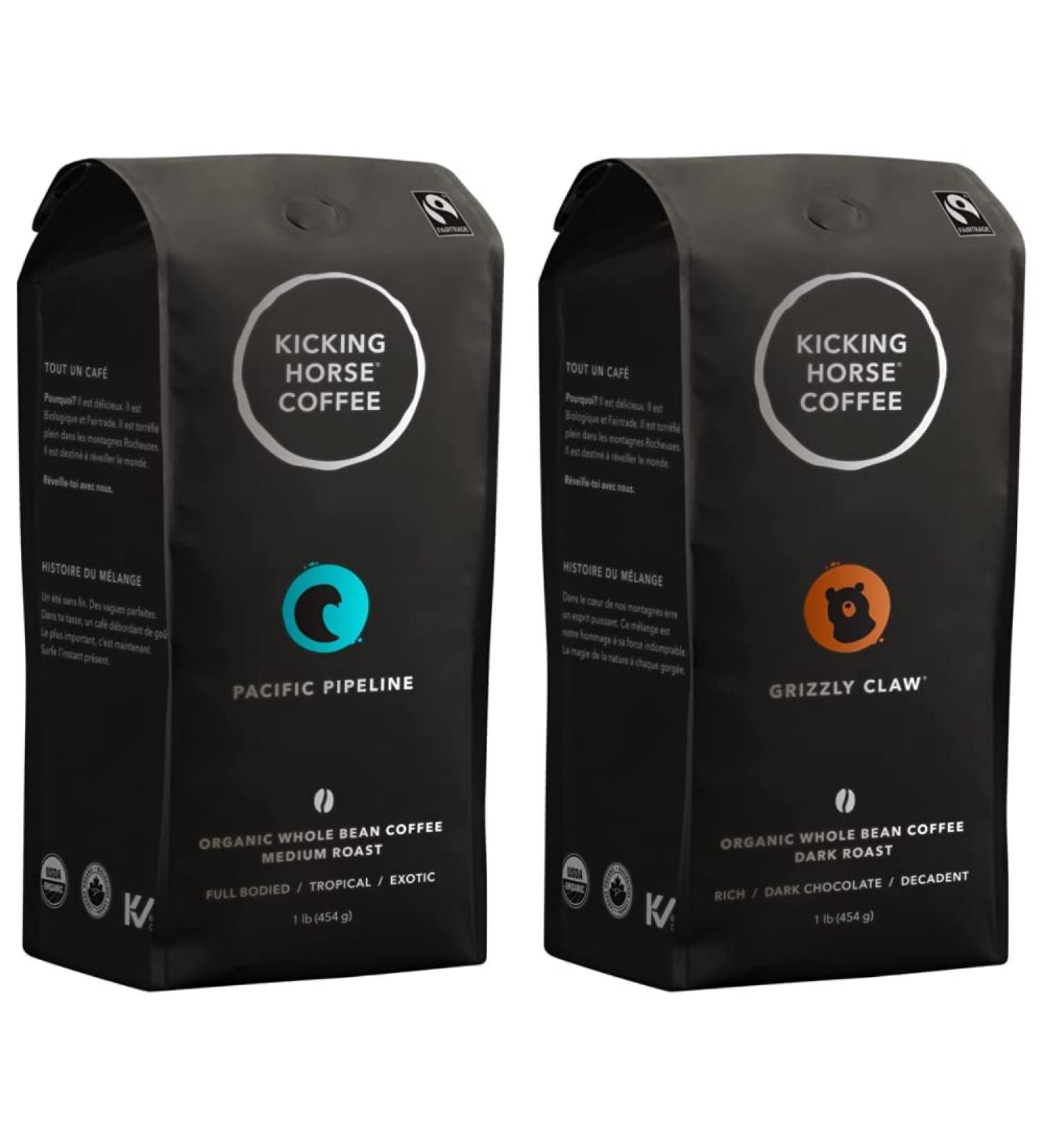 Kicking Horse Coffee Pacific Pipeline Medium Roast Whole Bean 1 lb - Certified Organic Fairtrade & Grizzly Claw Dark Roast Whole Bean 1 lb - Certified Organic Fairtrade Kosher Coffee - Buy Online on GoSupps.com
