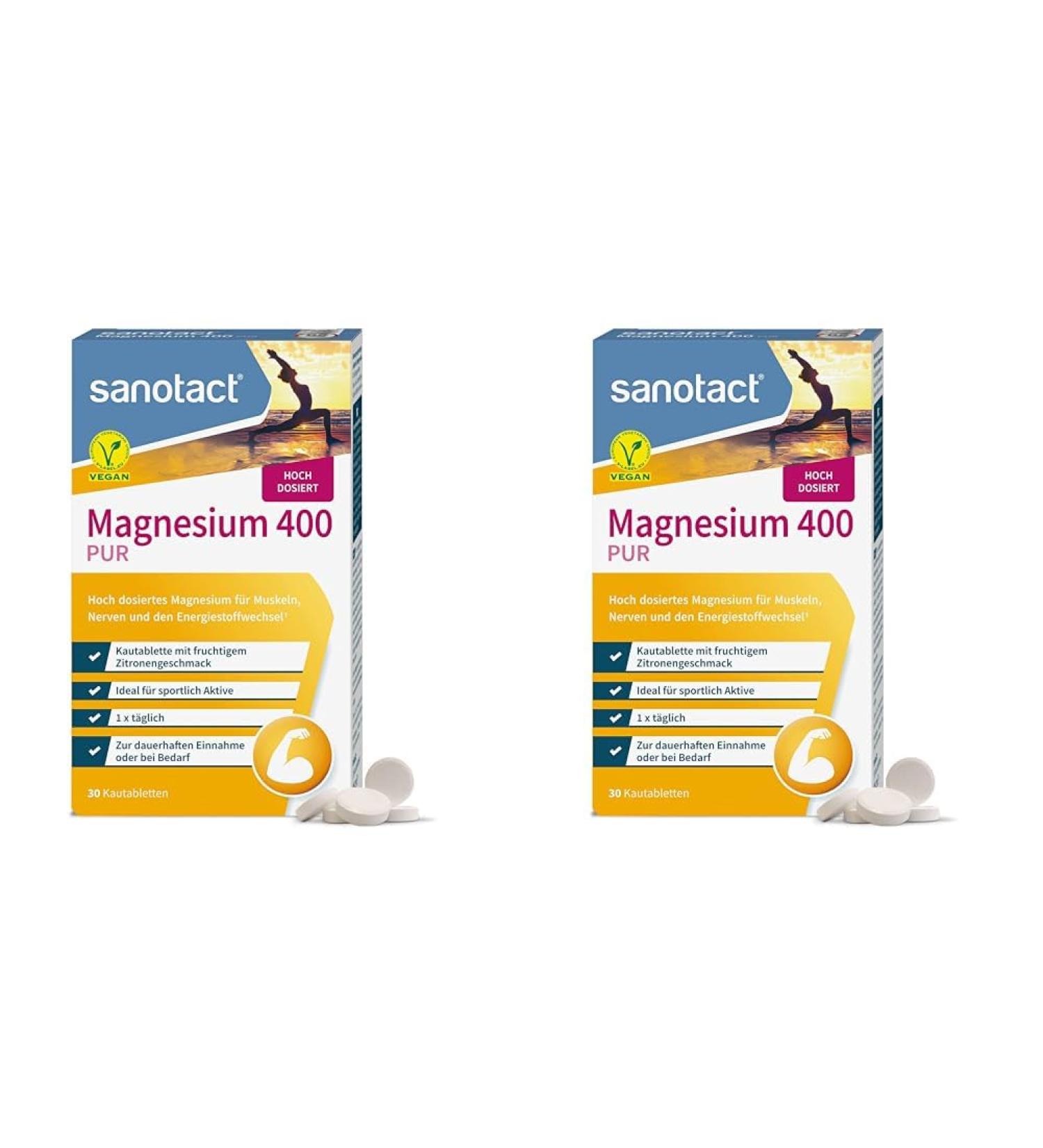 Sanotact Magnesium 400mg PUR - Vegan Chewing Tablets (30) | High-Dose Magnesium for Kids 12+ | Instant Effect | Fruity Lemon Flavor (2 Pack) - Buy Online on GoSupps.com