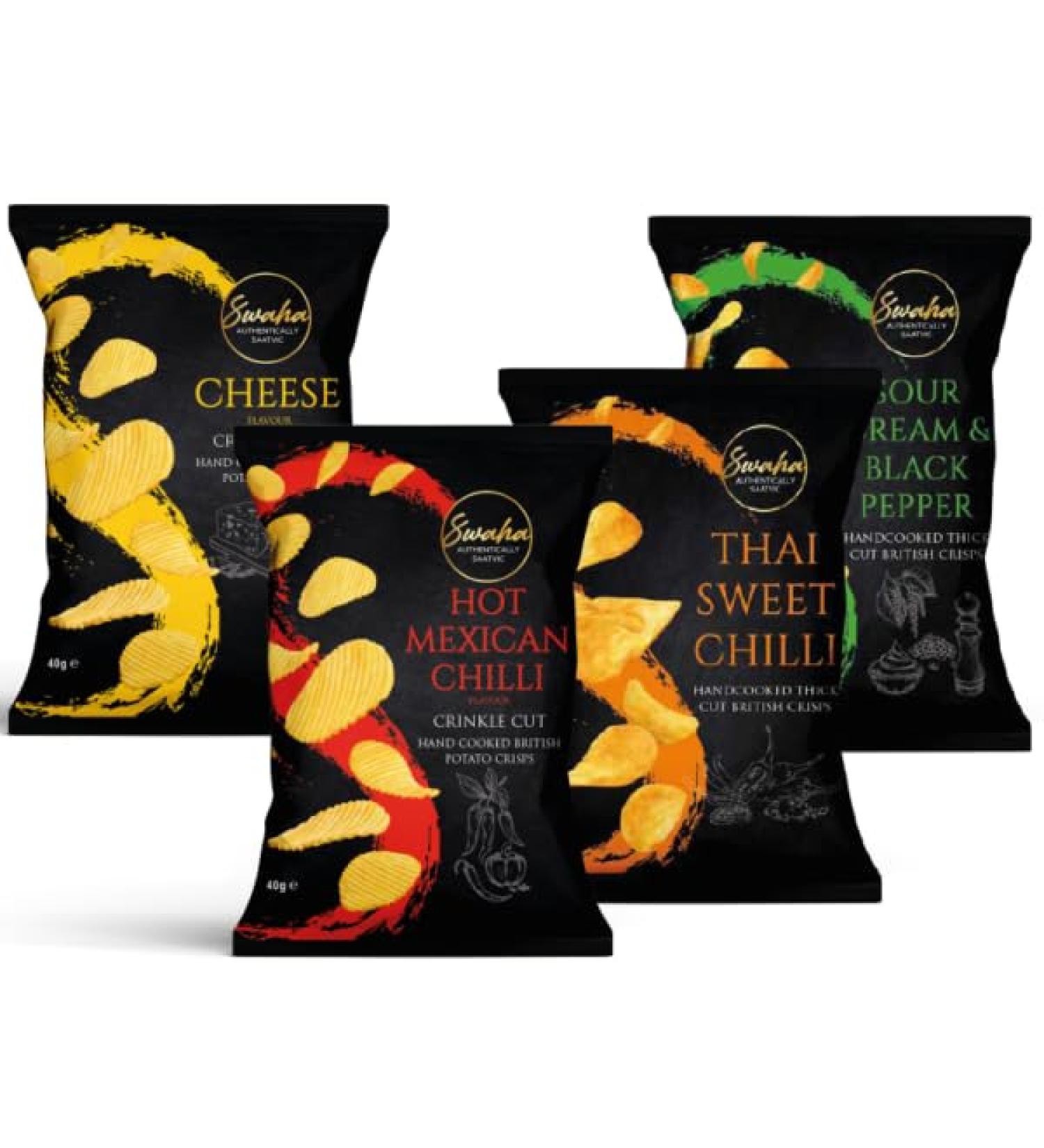 Swaha Platinum Variety Multipack - Traditional Hand-Cooked 24 Packs x 40g - Authentic Saatvic Snack from UK - All-Natural Gluten-Free - 100% British Potatoes Onion & Garlic Free - Assorted Flavors - Buy Online on GoSupps.com
