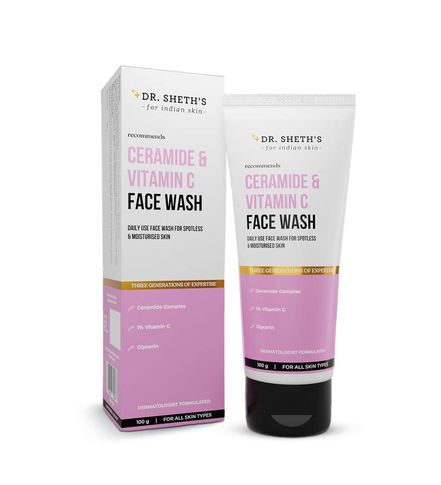Dr. Sheth's Ceramide & Vitamin C Face Wash - Hydrating Cleanser for All Skin Types (100 mL) | Gentle Formula for Men & Women | International Shipping Available - Buy Online on GoSupps.com