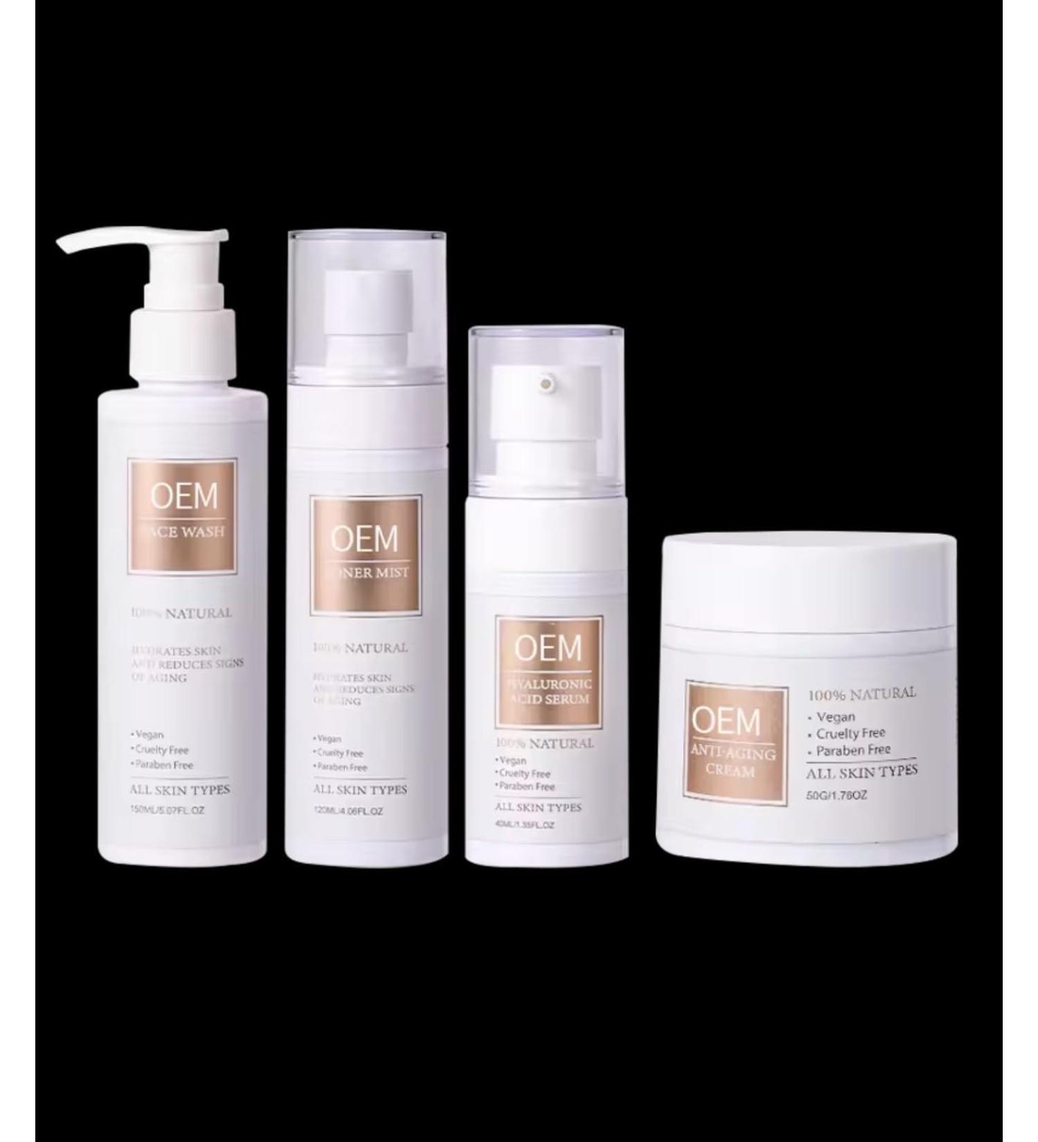 Beautivana OEM Natural Vegan Skincare Set Anti-Aging Face Wash Toner Mist Hyaluronic Acid Serum Moisturizing Cream with Rice Extract 4-Piece Korean Beauty Kit for All Skin Types