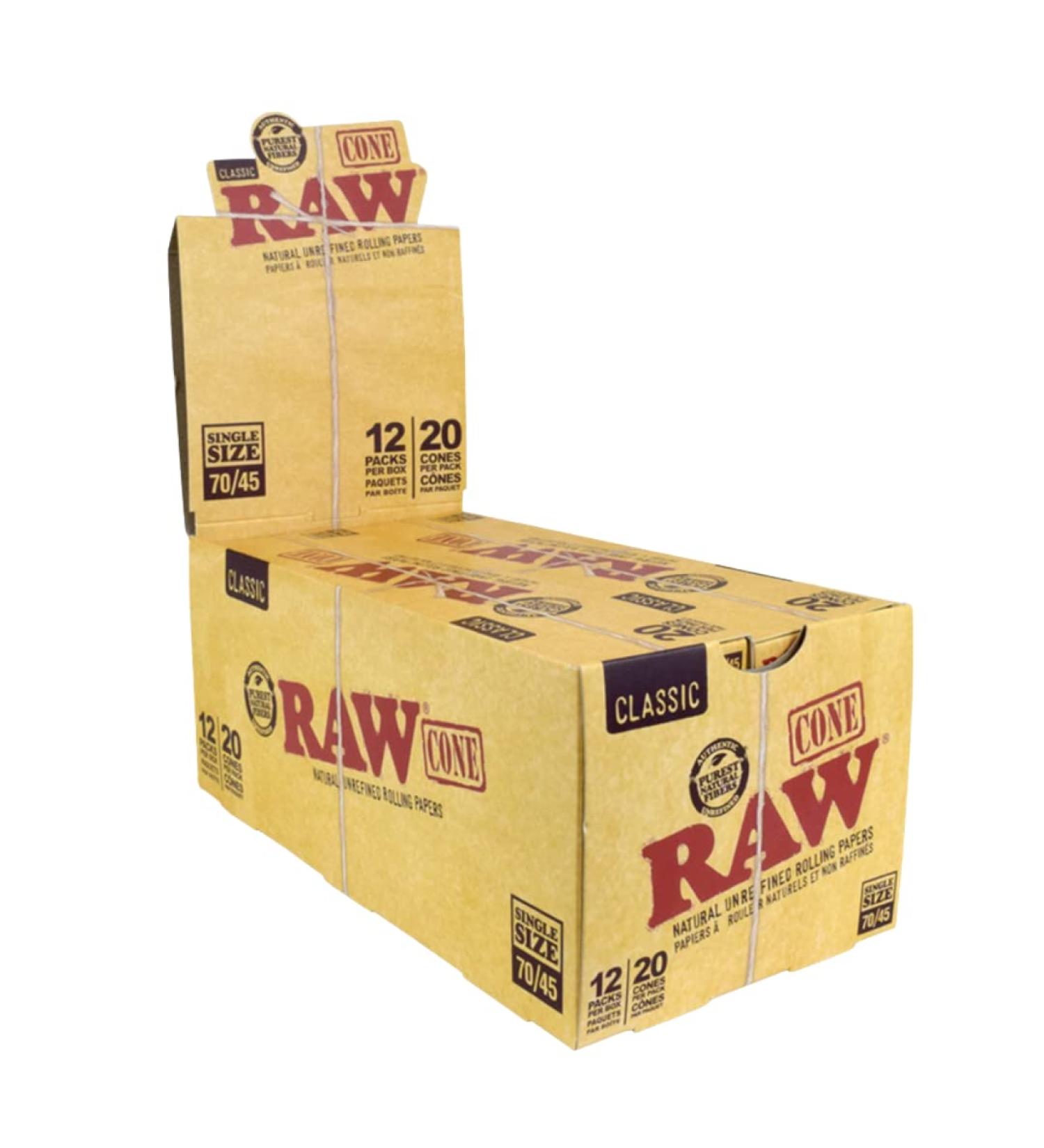 RAW Classic Natural Unrefined Pre Rolled Cones | Single Size (70/45) | 240 cones (12 packs 20 cones/pk)