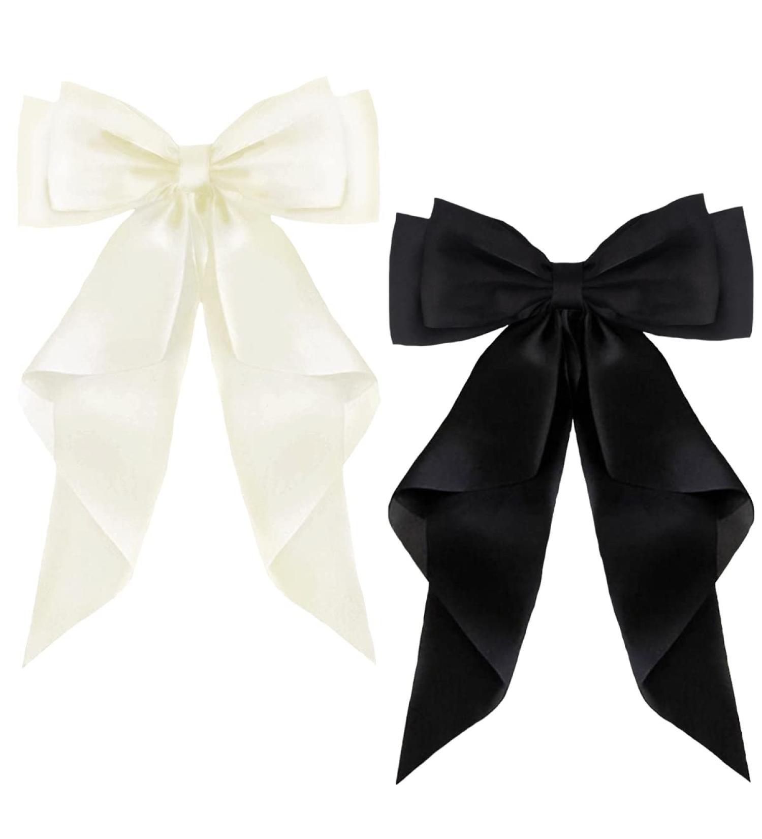 ZEVONDA Pack of 2 Big Bow Hair Clips - Solid Color Large Bowknot Hairpin Hair Clip with Long Silky Satin Tail Hair Barrettes Accessories for Girls Women Black + Milky White Black + Milky White (2PCS) - Buy Online on GoSupps.com