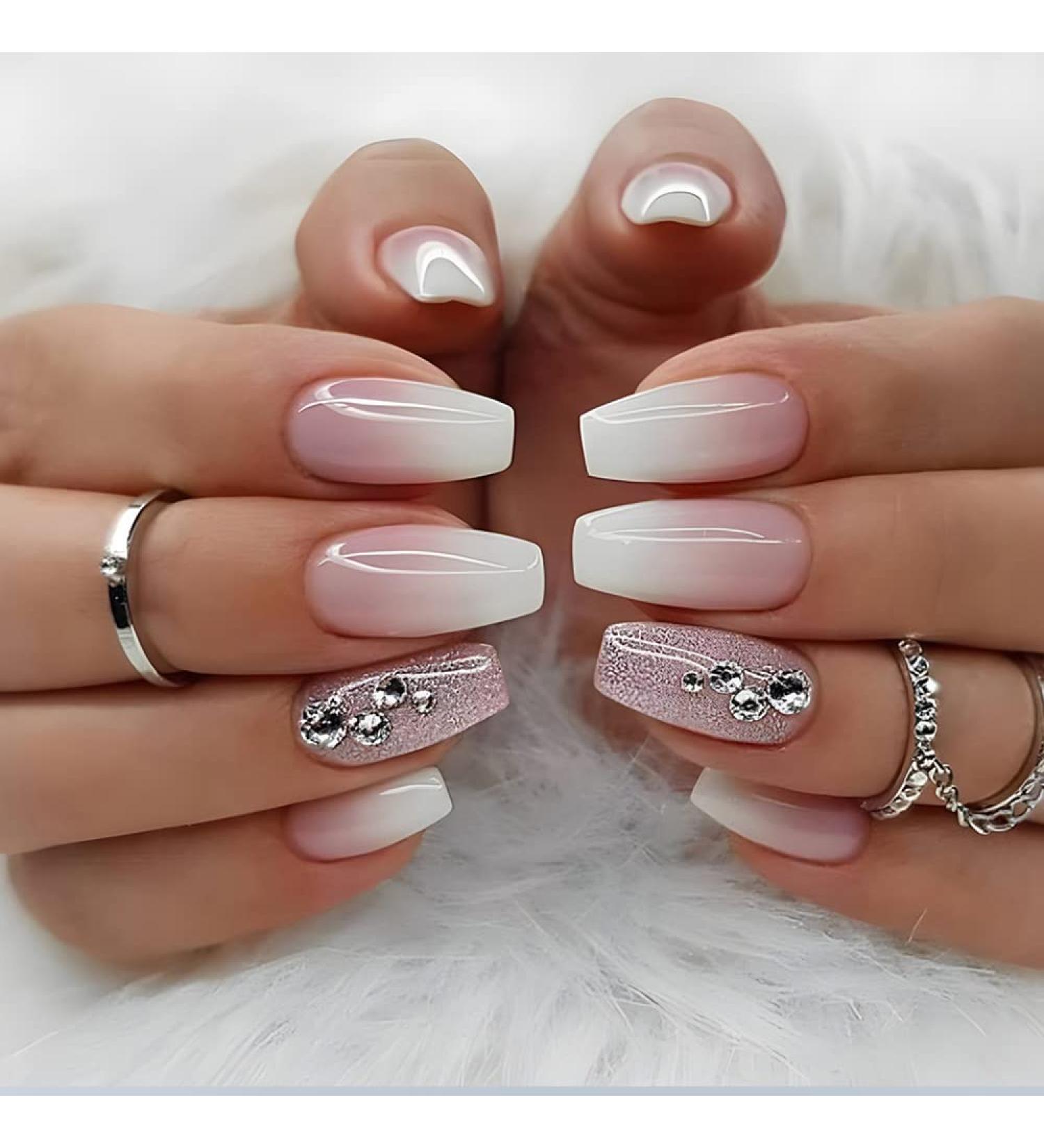 Mouyouglow Press On Nails - Short Ballerina Pink Ombre Gradient with White Silver Glitter & 3D Rhinestones | Fake Nails & Nail Glue | Stunning Artificial Fingernails - Buy Online on GoSupps.com
