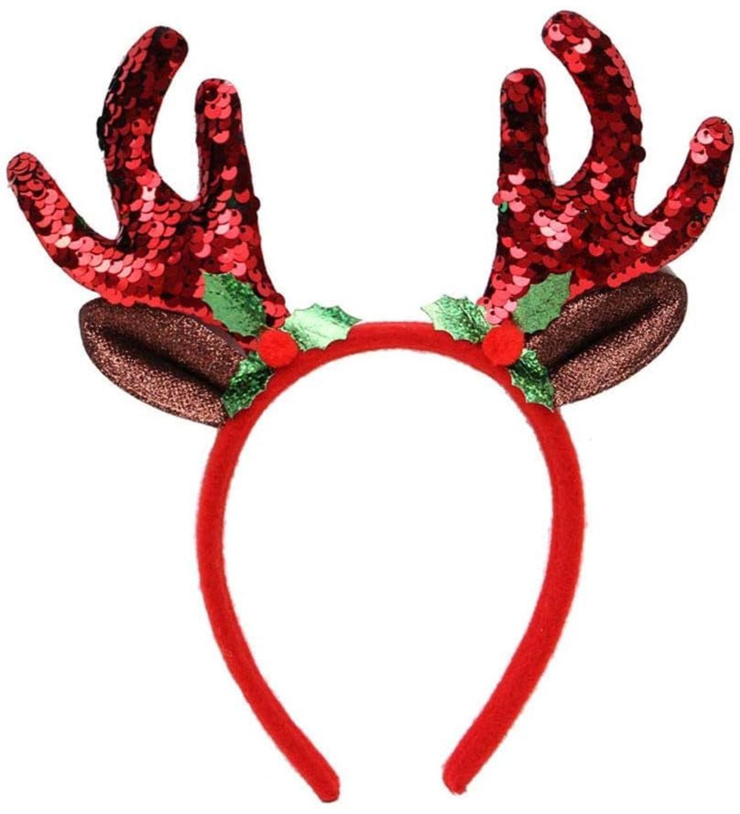 Caprilite Girls Adults Sequin Headband Reindeer Antlers Christmas Deer Ears Headbopper Antler Red