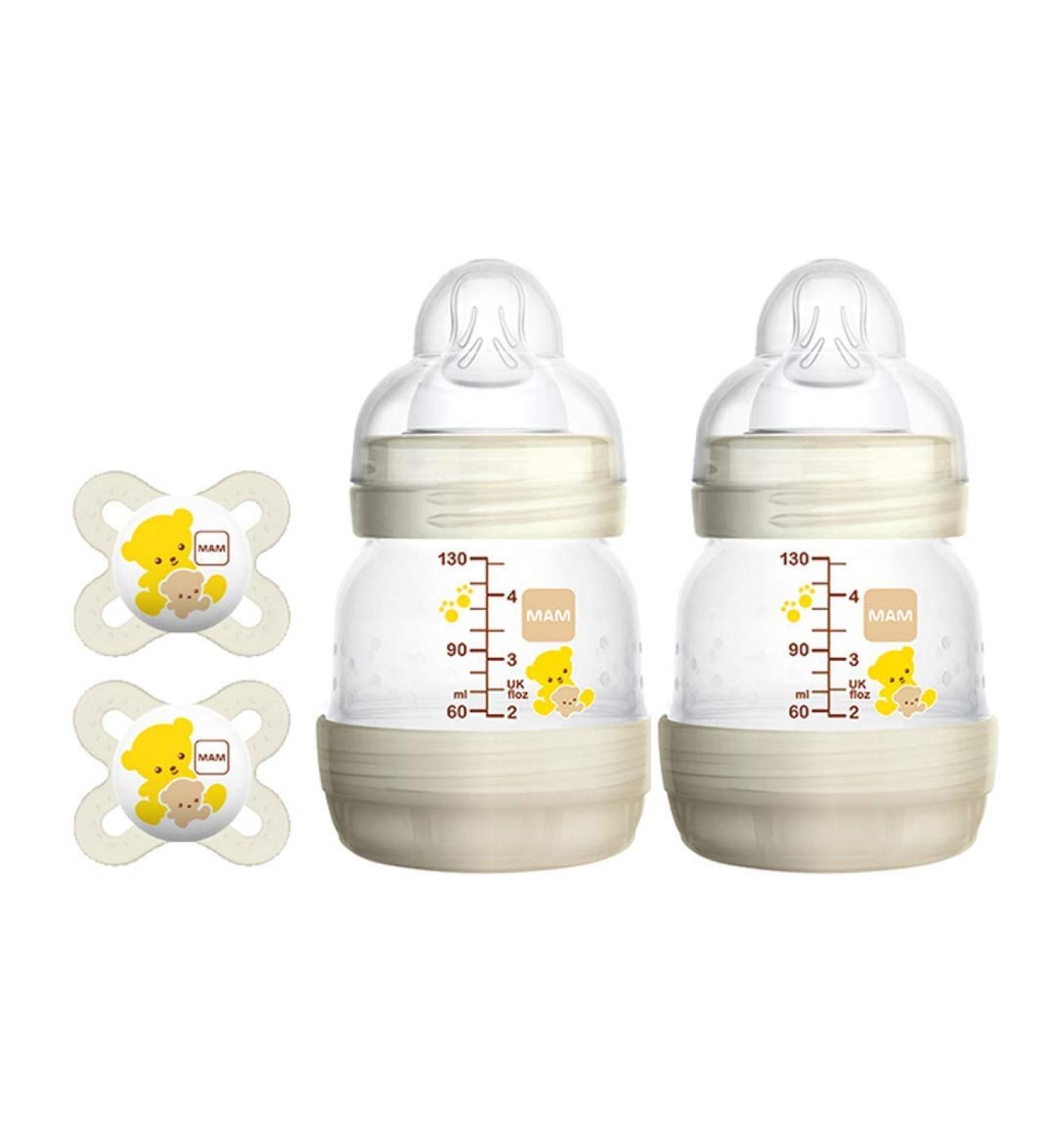 MAM Newborn Set: 2 Best Pacifiers & 2 Baby Bottles for Breastfed Babies - Feed & Soothe Set (White, 4-Count) - Buy Online on GoSupps.com