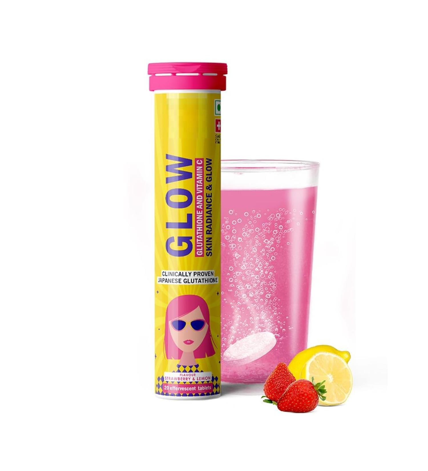 Glow- 20 Effervescent Tablets| Japanese Glutathione & Vit. C| Antioxidants for clear glowing skin| Sugar-free Strawberry-lemon flavour
