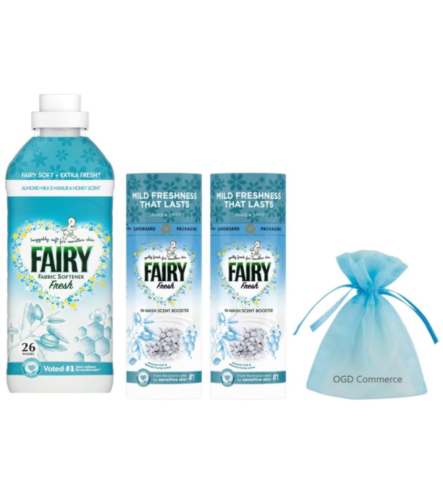 Fairy Fresh Fabric Conditioner Snuggly Soft for Sensitive Skin 26 washes 858ml & Fairy Fresh in Wash Scent Booster Beads 2 Pack x 176gr Almond Milk & Manuka Honey + For you Organza small bag - Buy Online on GoSupps.com
