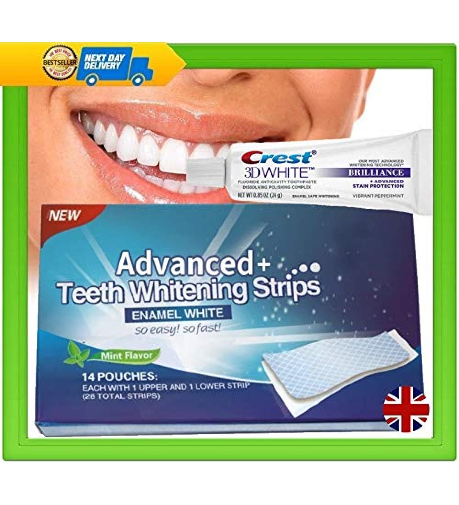Advanced Teeth Whitening Strips + Crest 3D Brilliance Toothpaste - Professional White Smile Kit - Buy Online on GoSupps.com