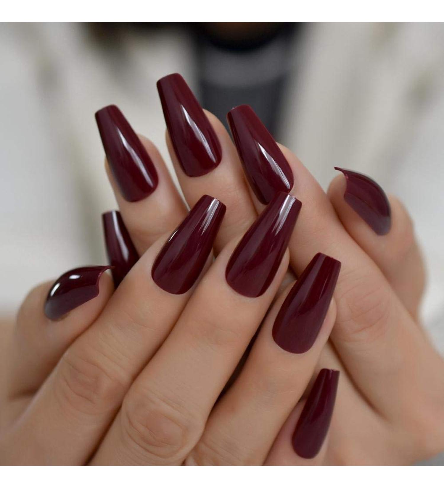 Tapered Coffin Nails Long Square Maroon Dark Red - 24 CT Acrylic False Nails for Stunning Manicure Tips - Buy Online on GoSupps.com