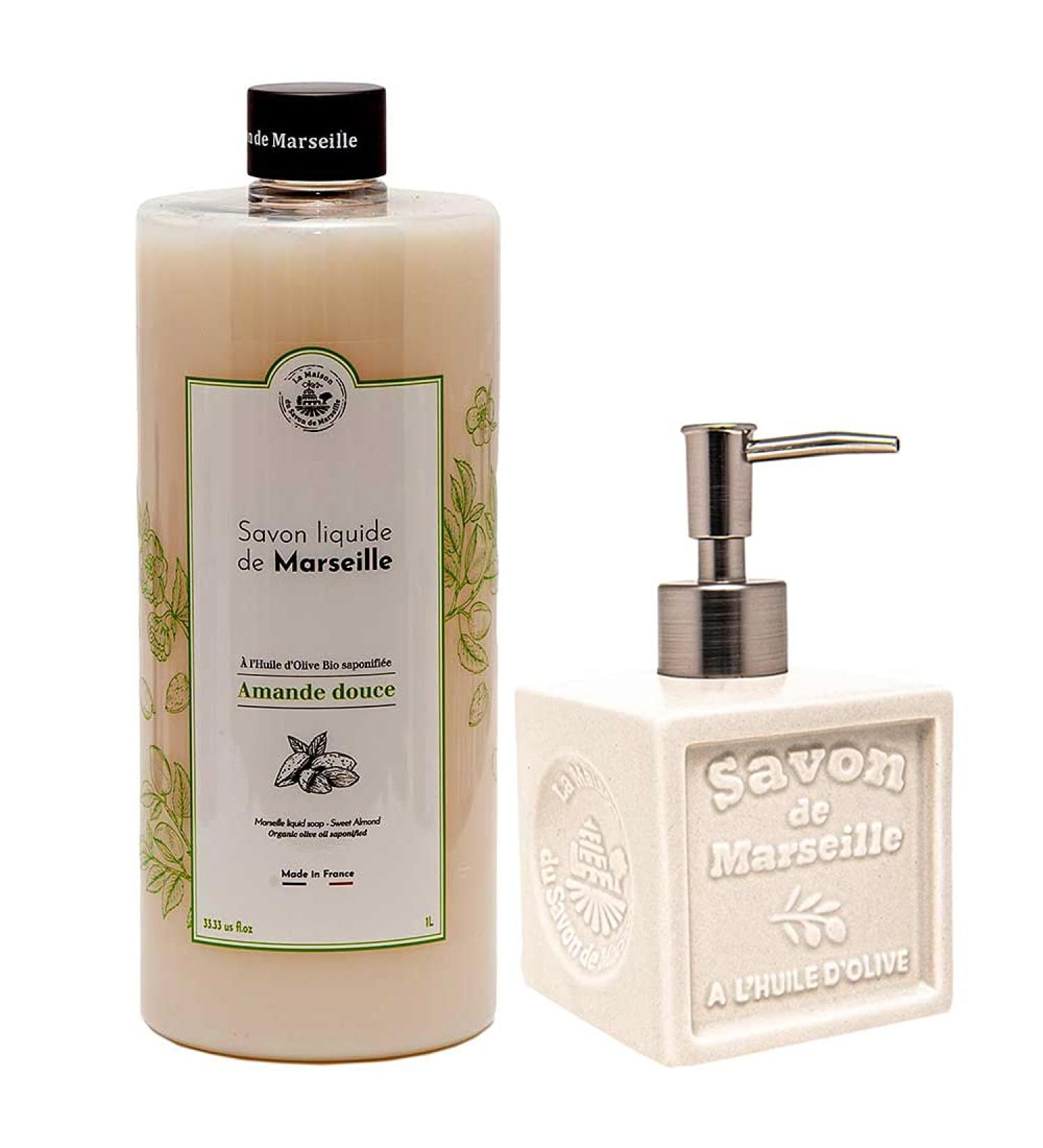 Maison Du Savon De Marseille Sweet almond liquid soap with whiteivory ceramic soap dispenser 1 liter refill and 300 milliliter dispenser IvoryWhite - Buy Online on GoSupps.com