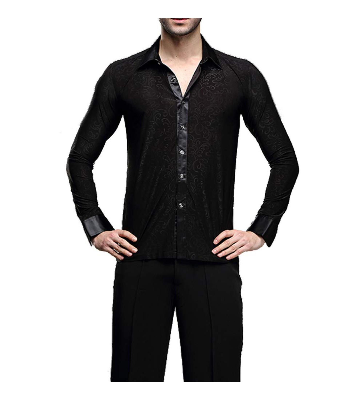 YILINFEIER Men's Professional Black Latin Dance Shirt with Long Sleeves and Lapel Collar - Buy Online on GoSupps.com