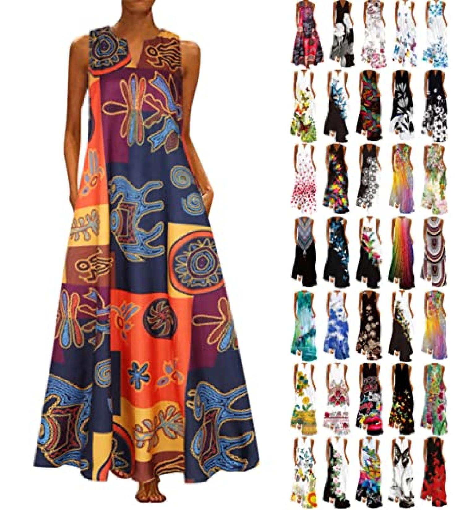 Women's Plus Size Vintage Graphic Print Maxi Dress | Sleeveless Beach Long Dress with Pockets | 3X-Large | Yellow - Buy Online on GoSupps.com