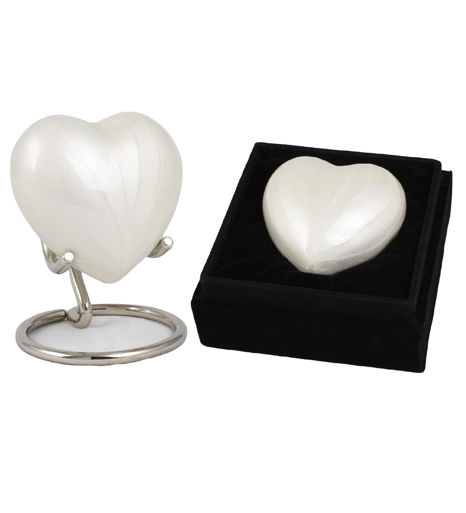 Small Keepsake Heart Cremation Urn For Ashes With New Improved Lid Mini Heart Memorial Urn With Box & Stand (Pearl White Aluminium) M Pearl White With Box & Stand - Buy Online on GoSupps.com