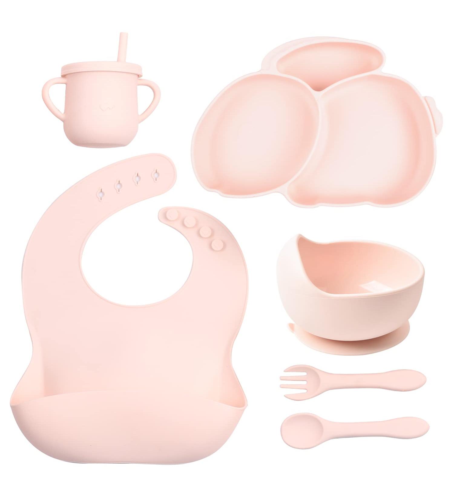 KOKSI Baby Feeding Set with Suction Plate & Bowl - Silicone Weaning Supplies for Babies & Toddlers - Microwave & Dishwasher Safe - Light Pink Rabbit Plate - Buy Online on GoSupps.com