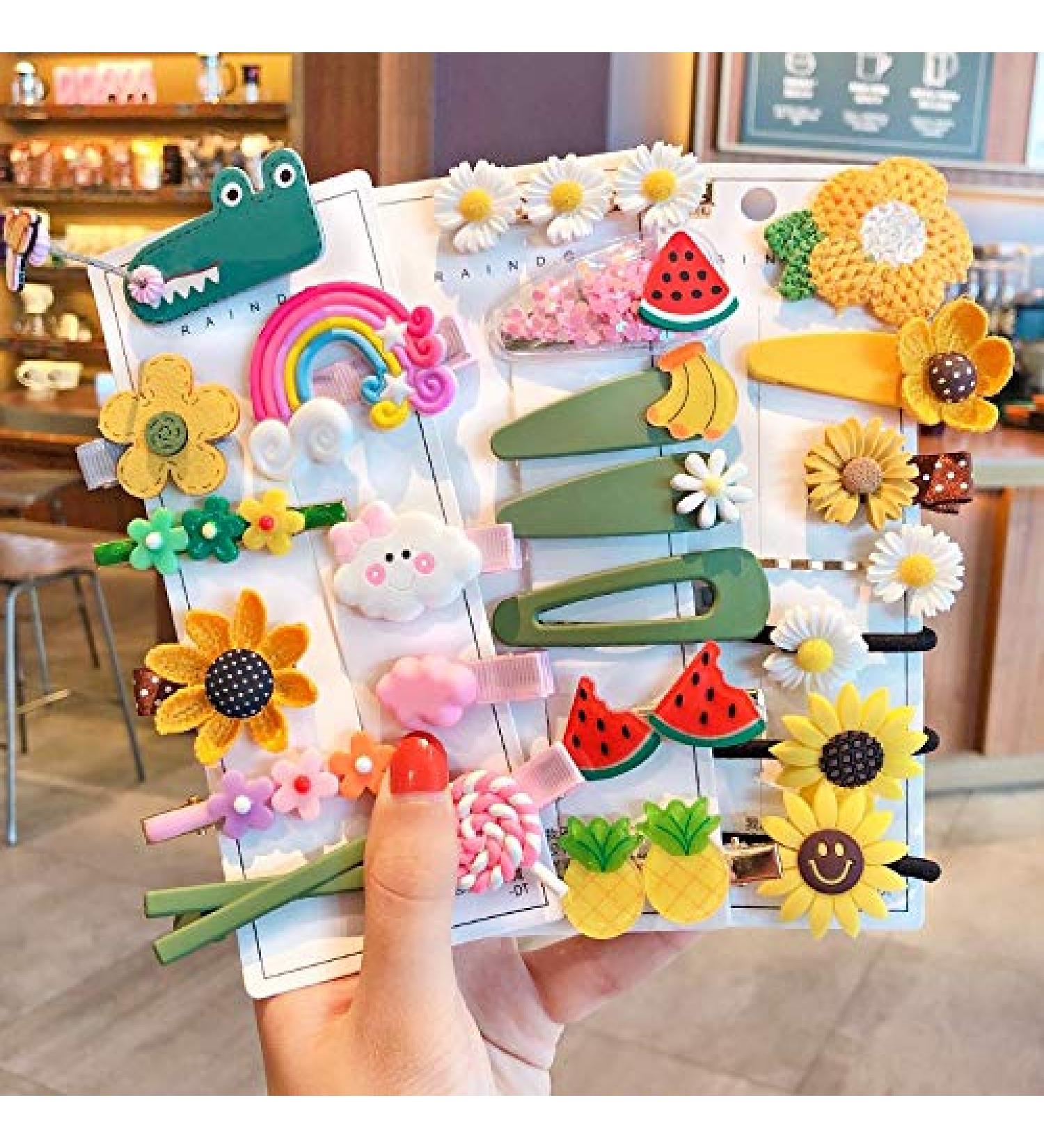 24 Pcs Fashion Hair Clips Set for Girls - Colorful Non-slip Hair Accessories with Flower, Fruit, Candy, and Rainbow Designs - Buy Online on GoSupps.com