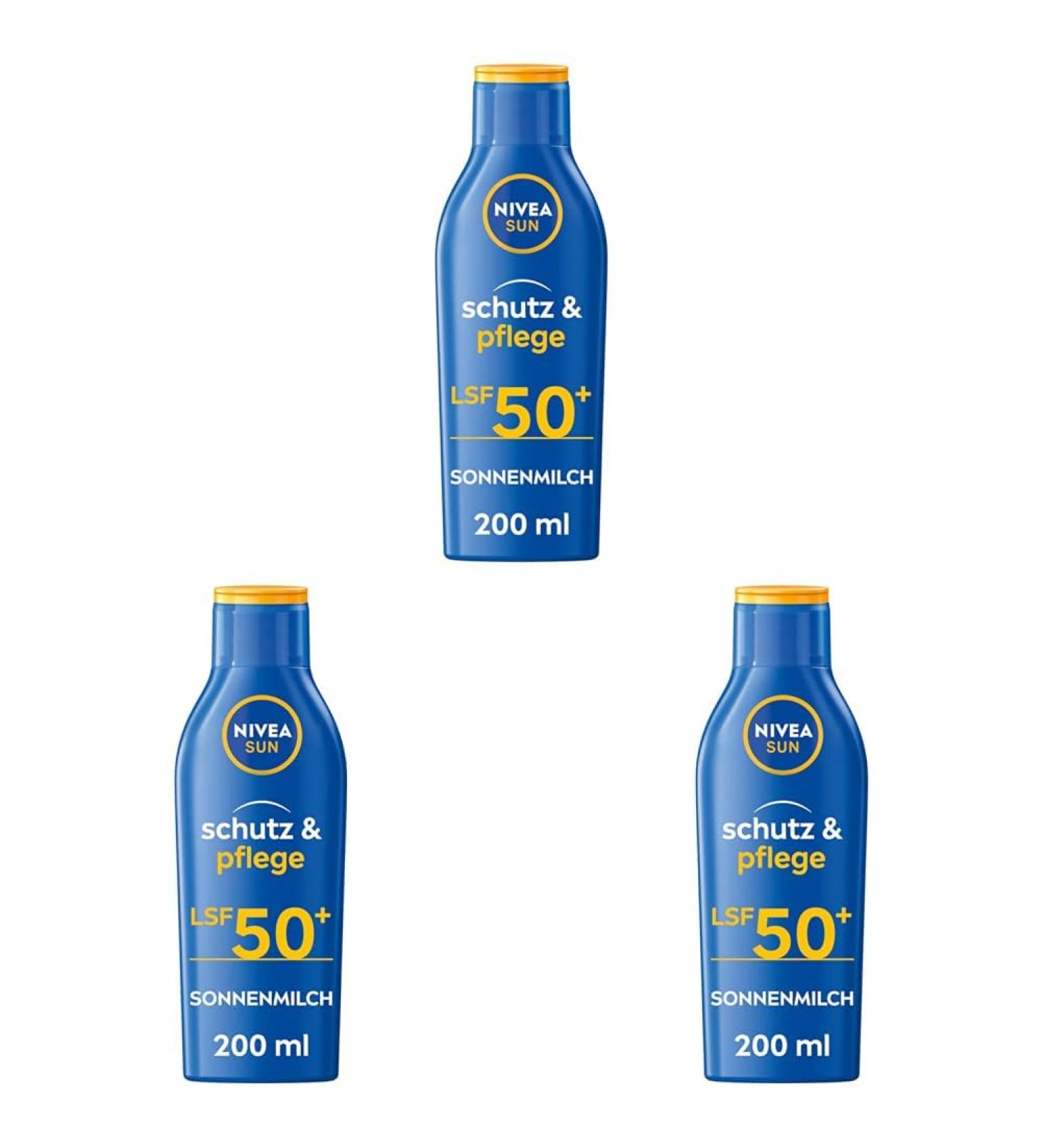 Nivea Sun Protection & Care Sun Milk LSF 50+ (3-Pack) - 200 ml Sunscreen for 48h Moisture & Immediate UVA/UVB Protection - Buy Online on GoSupps.com
