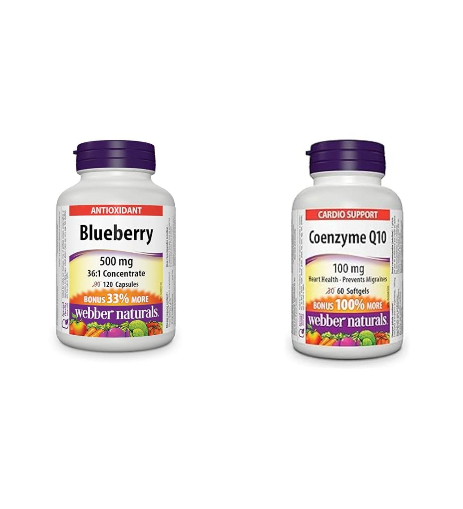 Webber Naturals Blueberry 120 Capsules Antioxidant Spport & Coenzyme Q10 (CoQ10) 100mg 60 Softgels High Potency Antioxidant For Heart Health Cellular Energy Production and Migraine Support Blueberry + Coenzyme Q10 - Buy Online on GoSupps.com