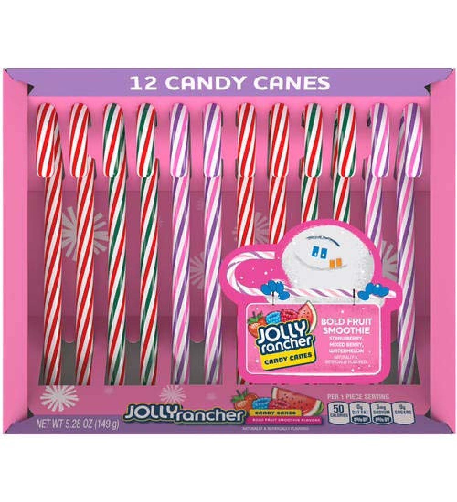 Hershey (1) Box Jolly Rancher Candy Canes - Bold Fruit Smoothie Flavors - Strawberry, Mixed Berry, Watermelon - 12pc Holiday Candy - Net Wt. 5.28 oz
