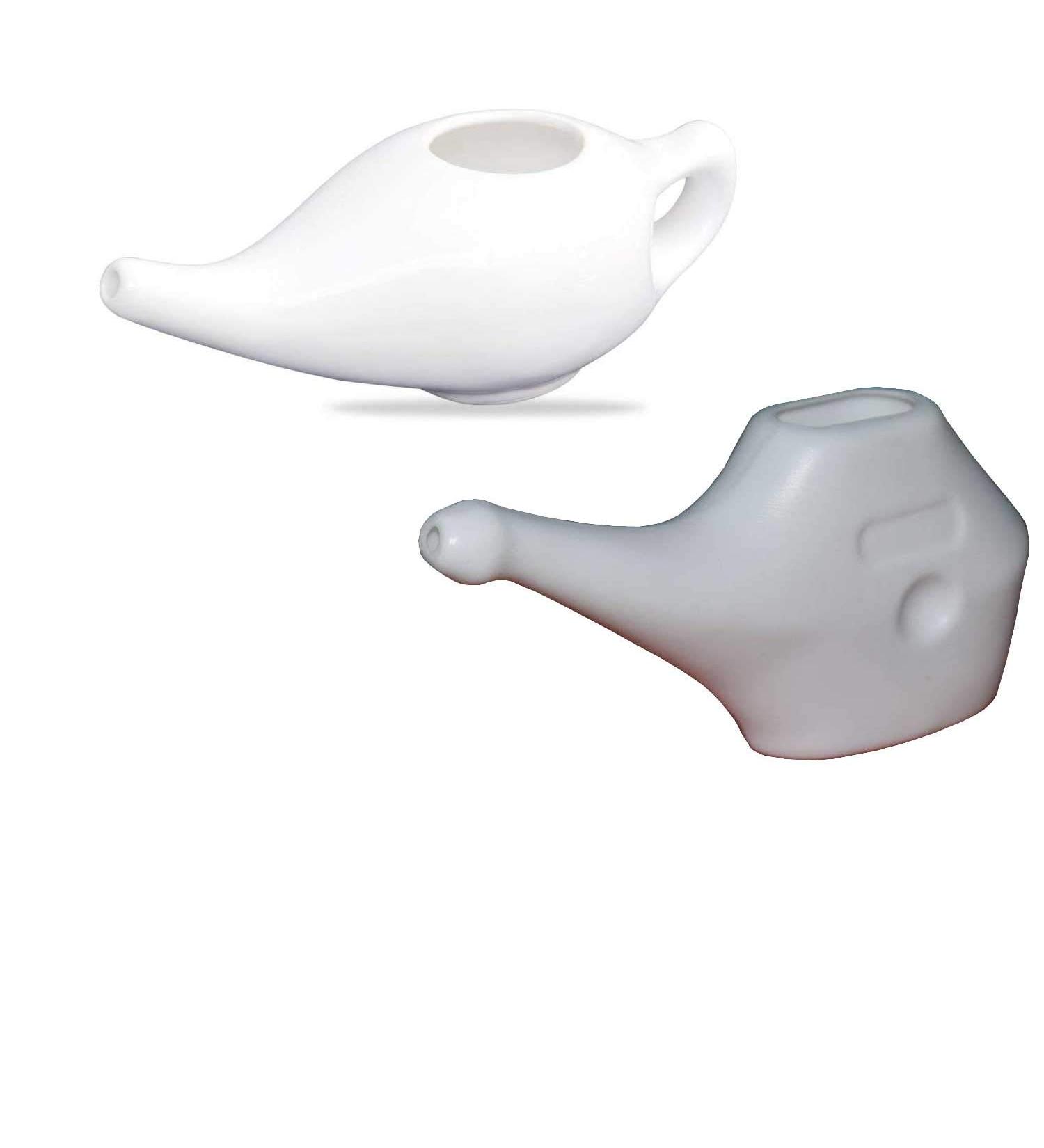 Leak Proof Neti Pot Set - 230ml Ceramic & 150ml Plastic | Comfortable Grip, Microwave & Dishwasher Safe | Natural Sinus Relief Treatment - White - Buy Online on GoSupps.com