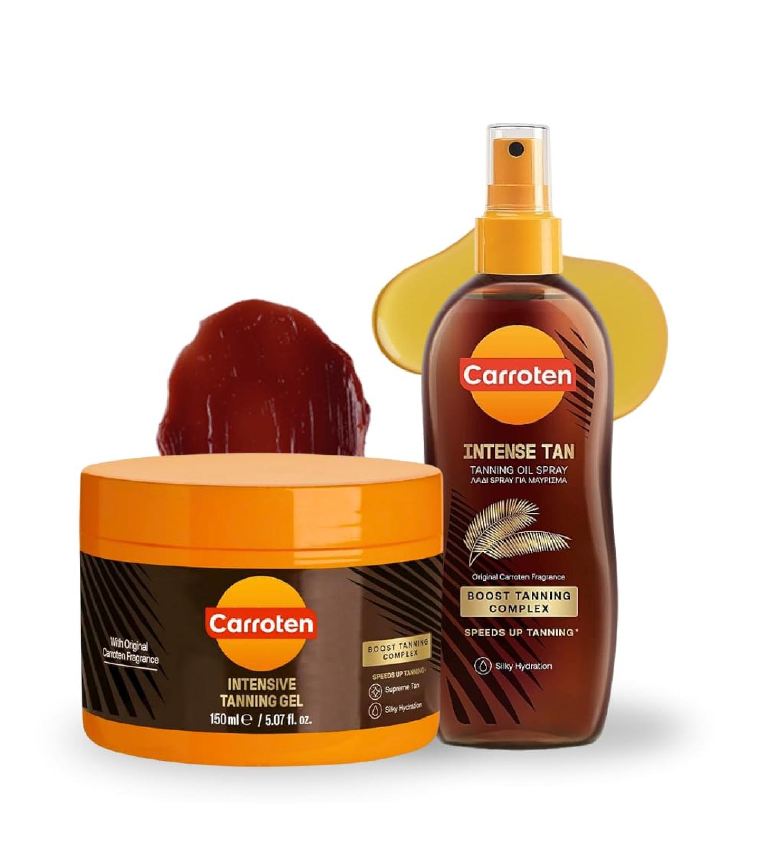 Carroten Intensive Tanning Gel + Oil Spray | Browning Tan Accelerator | Carrot & Coconut Oil | Vitamin A + E for Moisture & Hydration | Water-Resistant, Non-Greasy | Made in Greece | 5 oz Each - Buy Online on GoSupps.com