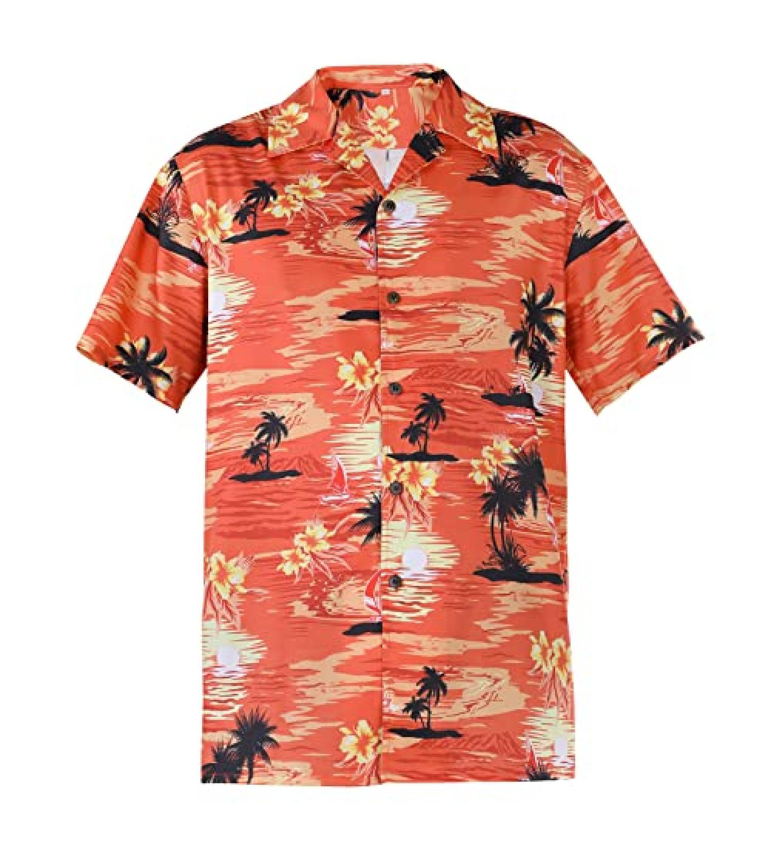 Hawaiian Men's Casual Beach Shirt - Short Sleeve Button Down Floral Palm Trees Orange - Size Medium - Buy Online on GoSupps.com