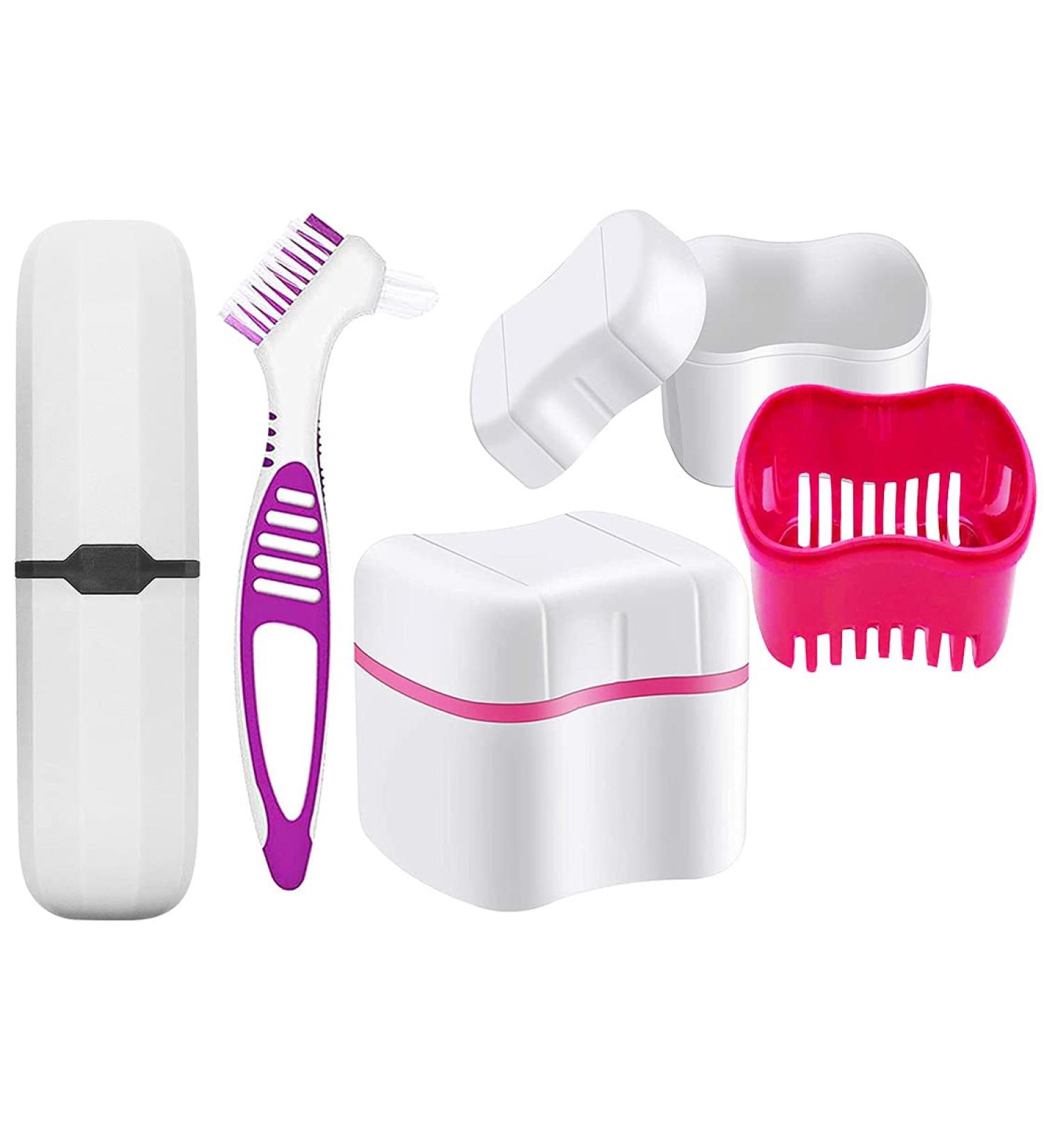Denture Bath Case with Cleaner Brushes, Cups, Boxes, Holder & Brush in Pink - Retainer Cleaning & Travel Case - Buy Online on GoSupps.com